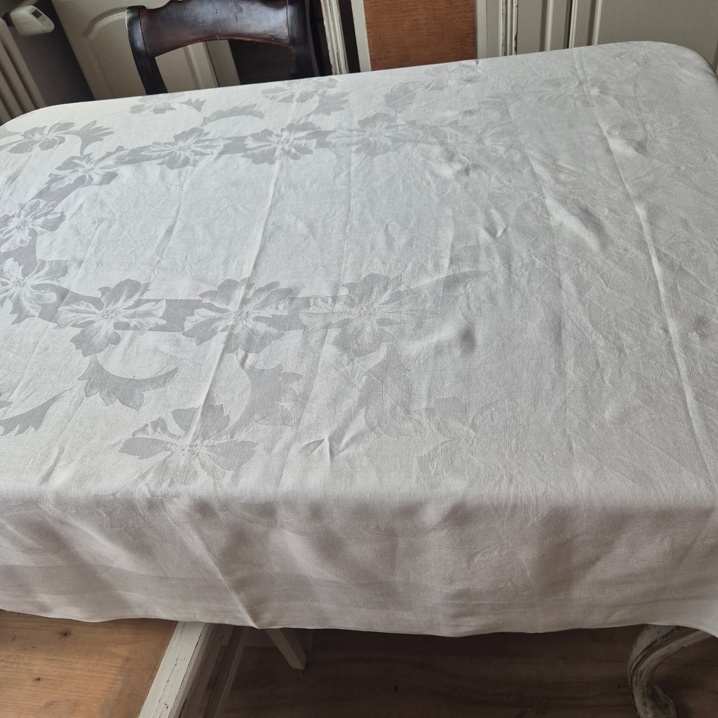 Antike Jugendstil Damast Baumwolle Tischdecke Weiß 135x170cm Schleifenmotiv Monogramm A.P.