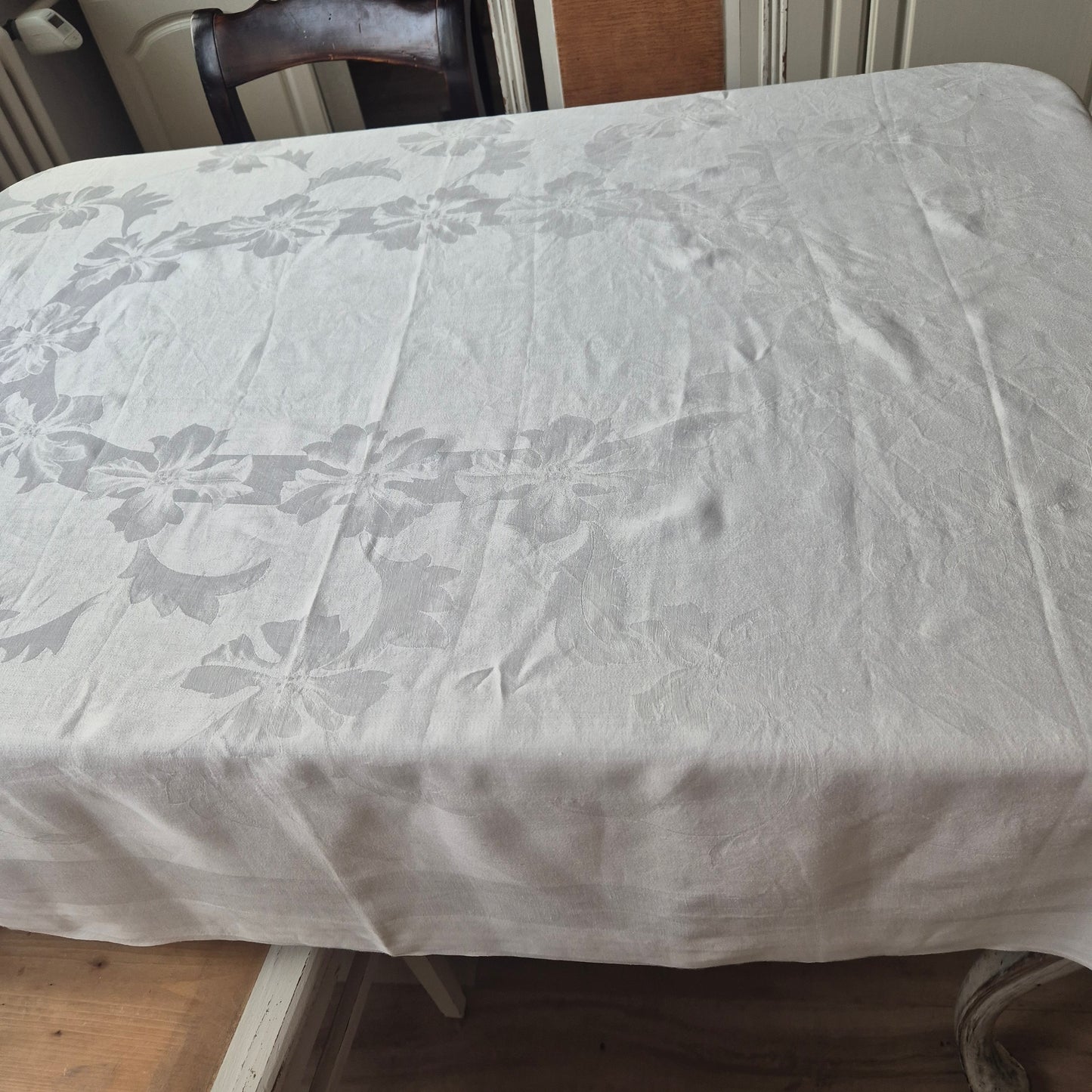 Antike Jugendstil Damast Baumwolle Tischdecke Weiß 135x170cm Schleifenmotiv Monogramm A.P.