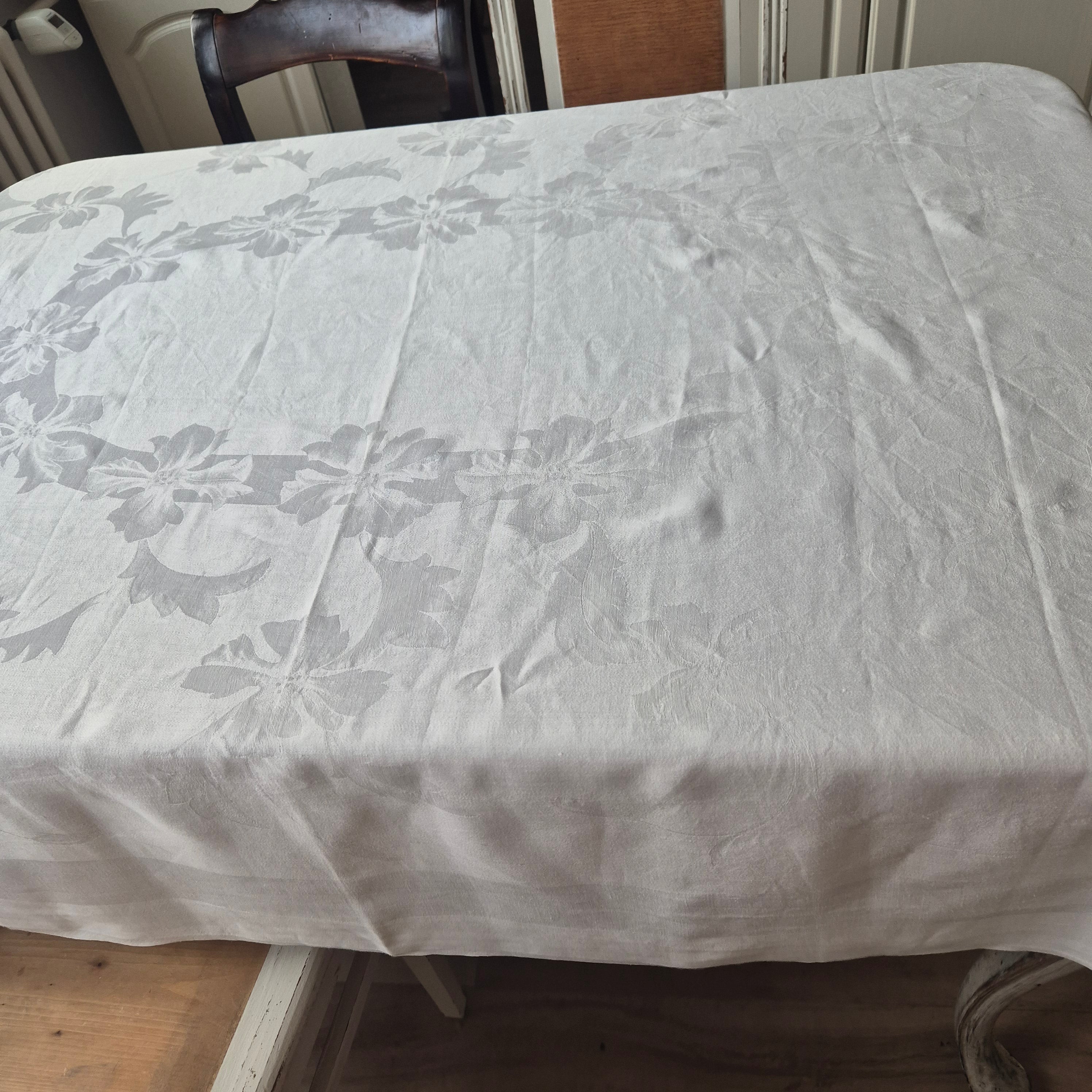 Antike Jugendstil Damast Baumwolle Tischdecke Weiß 135x170cm Schleifenmotiv Monogramm A.P.