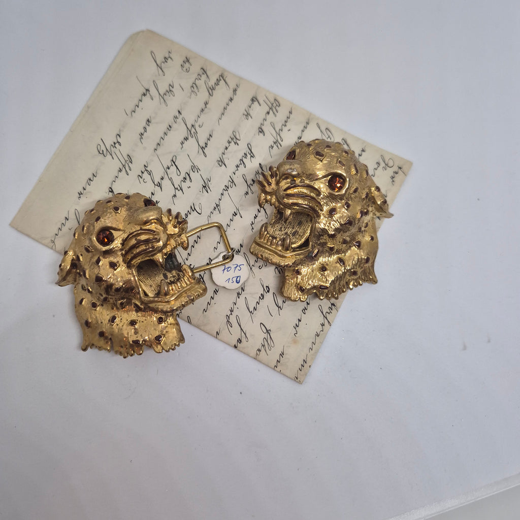 Große Vintage Gürtelschnalle 2-Teilig Trachtenschnalle Taillengürtel aus den 80ern-Handmade aus Berlin gold braun Gepard Leoparden Kopf