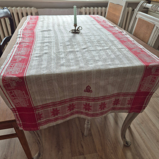 Antikes Rolltuch Mangeltuch Rot Creme Leinentuch Tischdecke Wäsche mit Monogramm 🤍