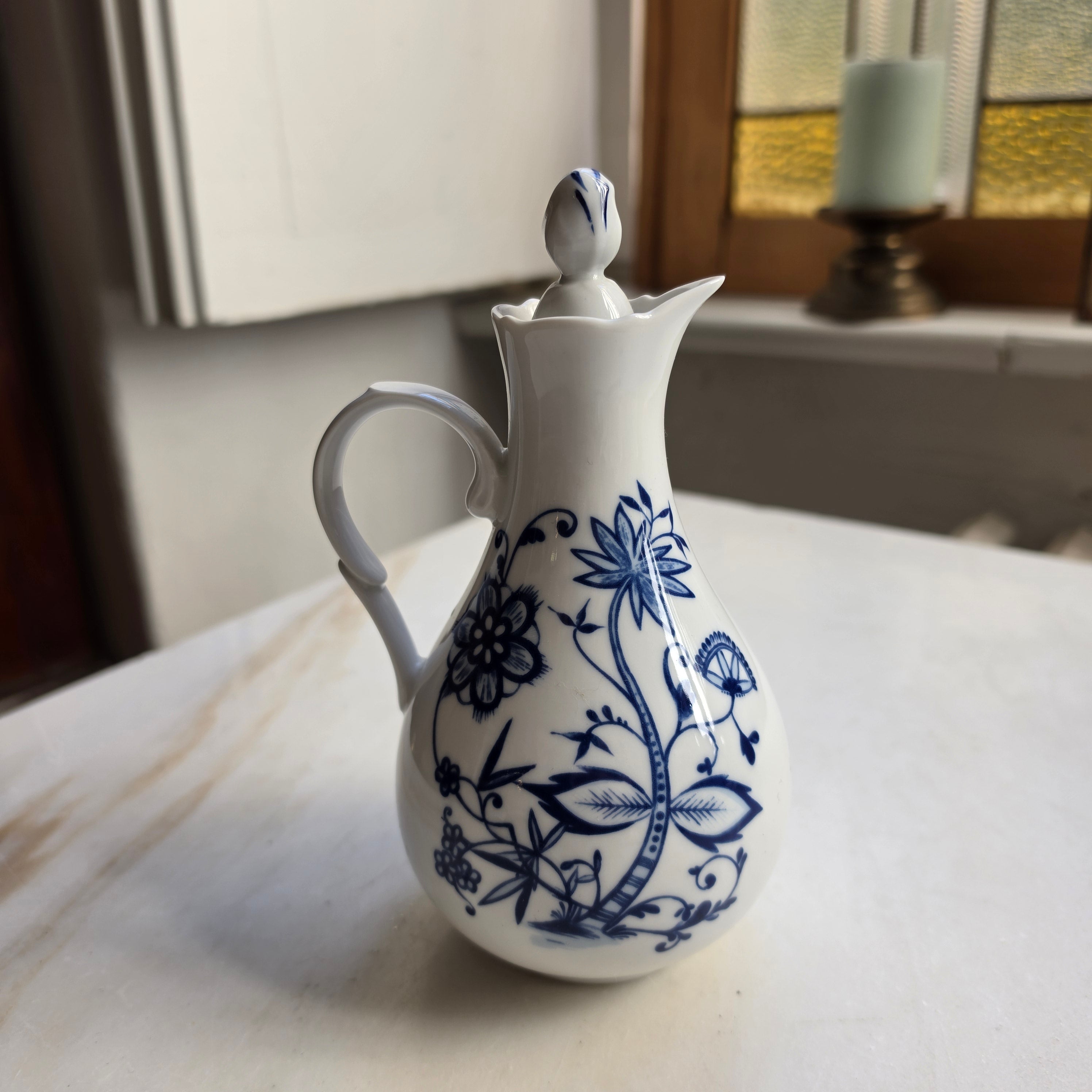 Altes Essig Kännchen mit Deckel Indisch Blau Strohblume Vintage Essigspender Ölspender