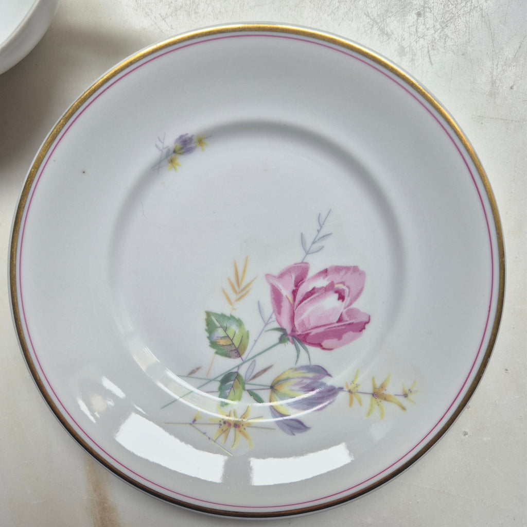 DDR Porzellan Gedeck 1x Tasse & 1x Kuchenteller mit Rosenmotiv