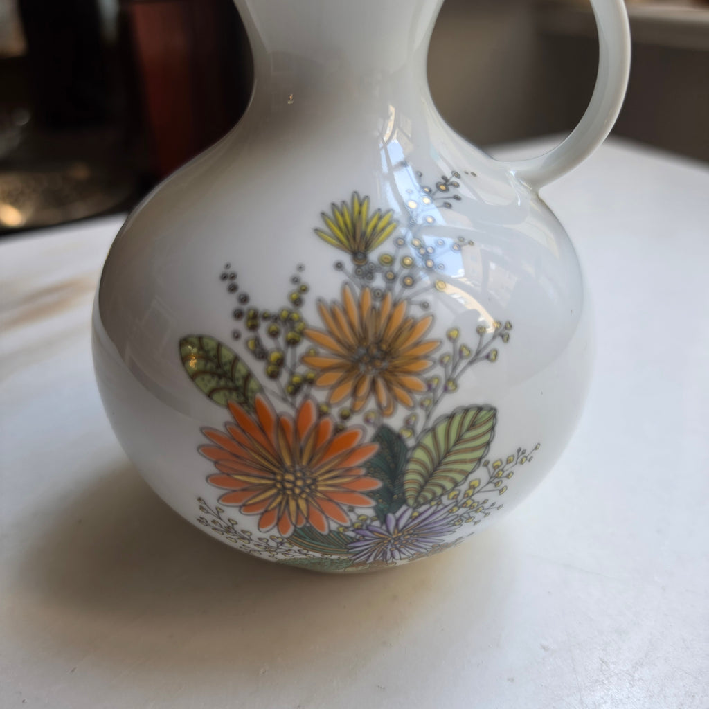 Vintage Kaiser Porzellan Henkelvase – Bauchige Vase mit Blumen-Dekor & Goldrand – W. Germany