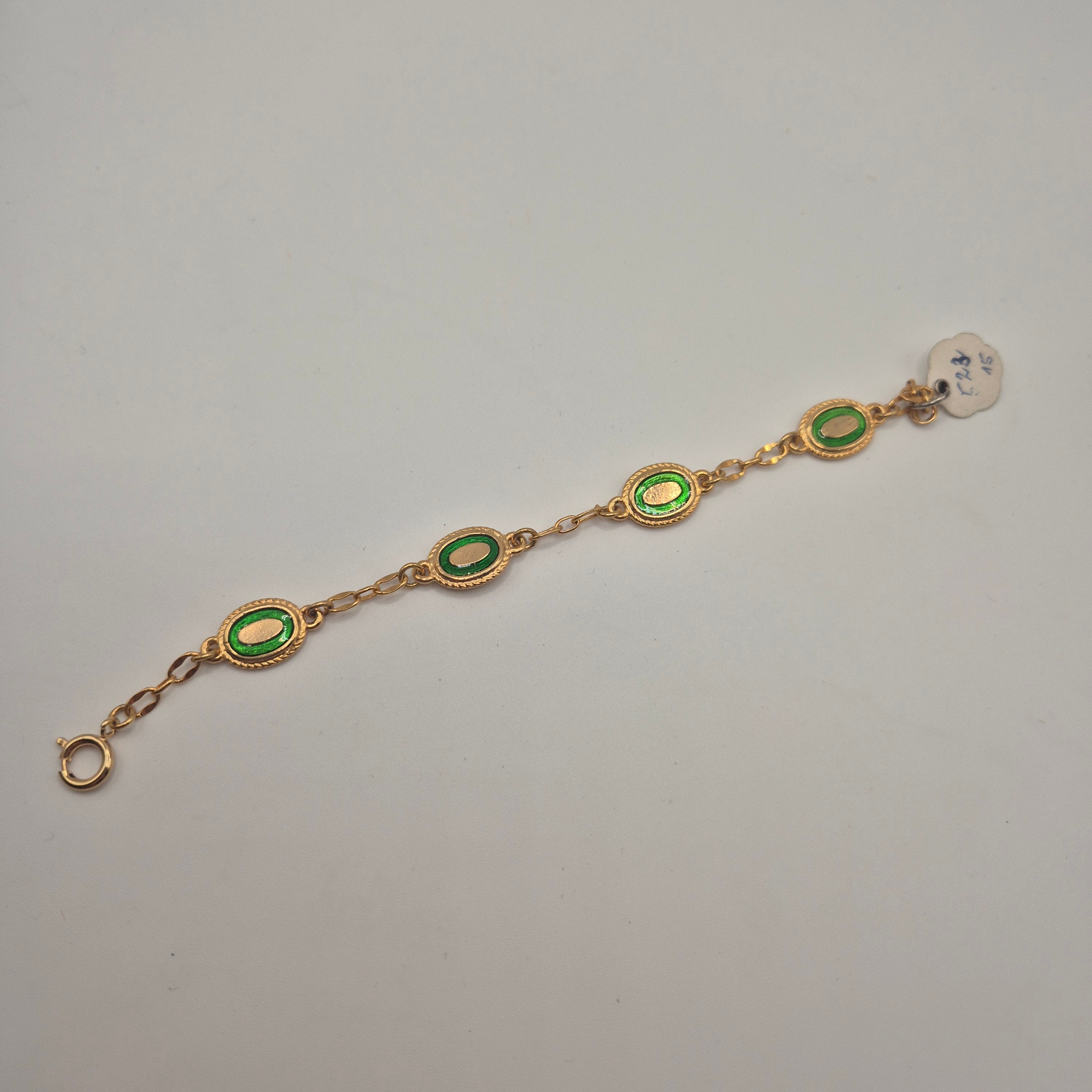 Goldenes Vintage Armband mit grünen Emaille-Ovalen 70er Jahre
