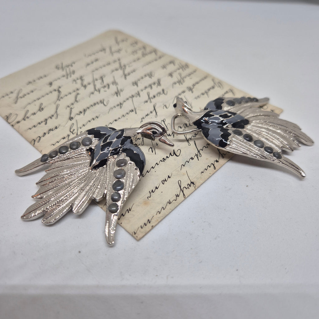 Vintage Gürtelschnalle 2-Teilig Trachtenschnalle Taillengürtel aus den 80ern-Handmade aus Berlin silber grau schwarz Schwan Kranich Vogel