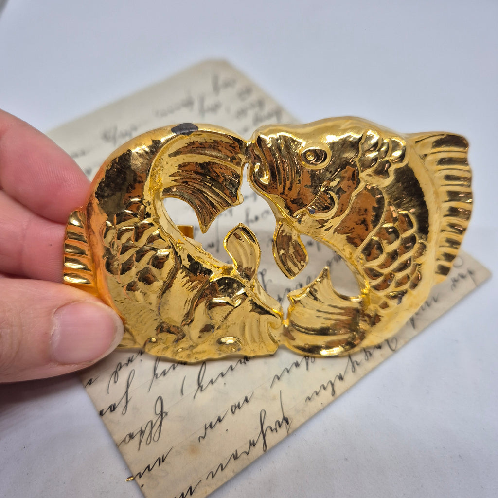 Vintage Gürtelschnalle Trachtenschnalle Taillengürtel aus den 80ern-Handmade aus Berlin gold Fische Horoskop Sternbild