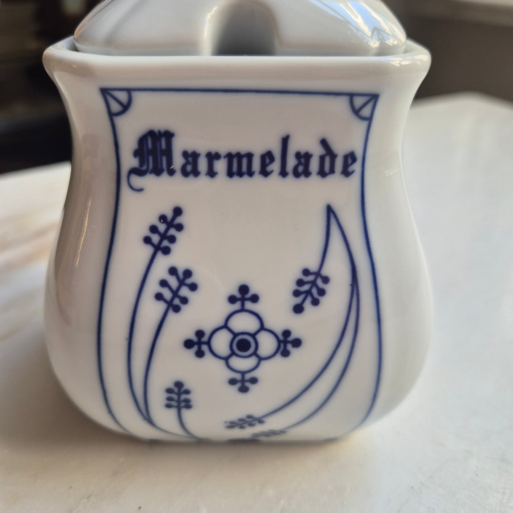 Vintage Marmeladendose aus Porzellan - Indischblau - Strohblumen-Dekor