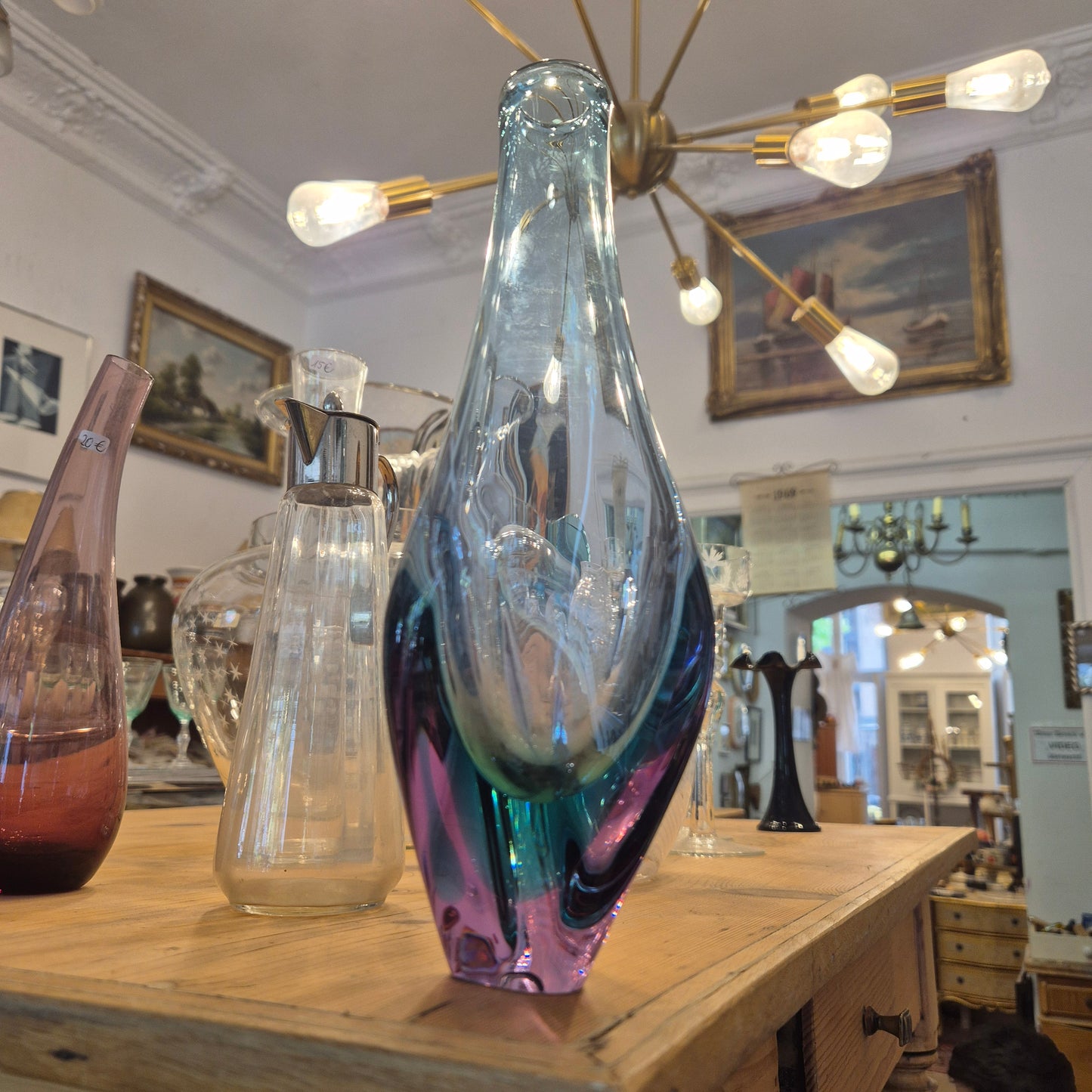 50er Jahre Glas Vase wie Murano blau rosa