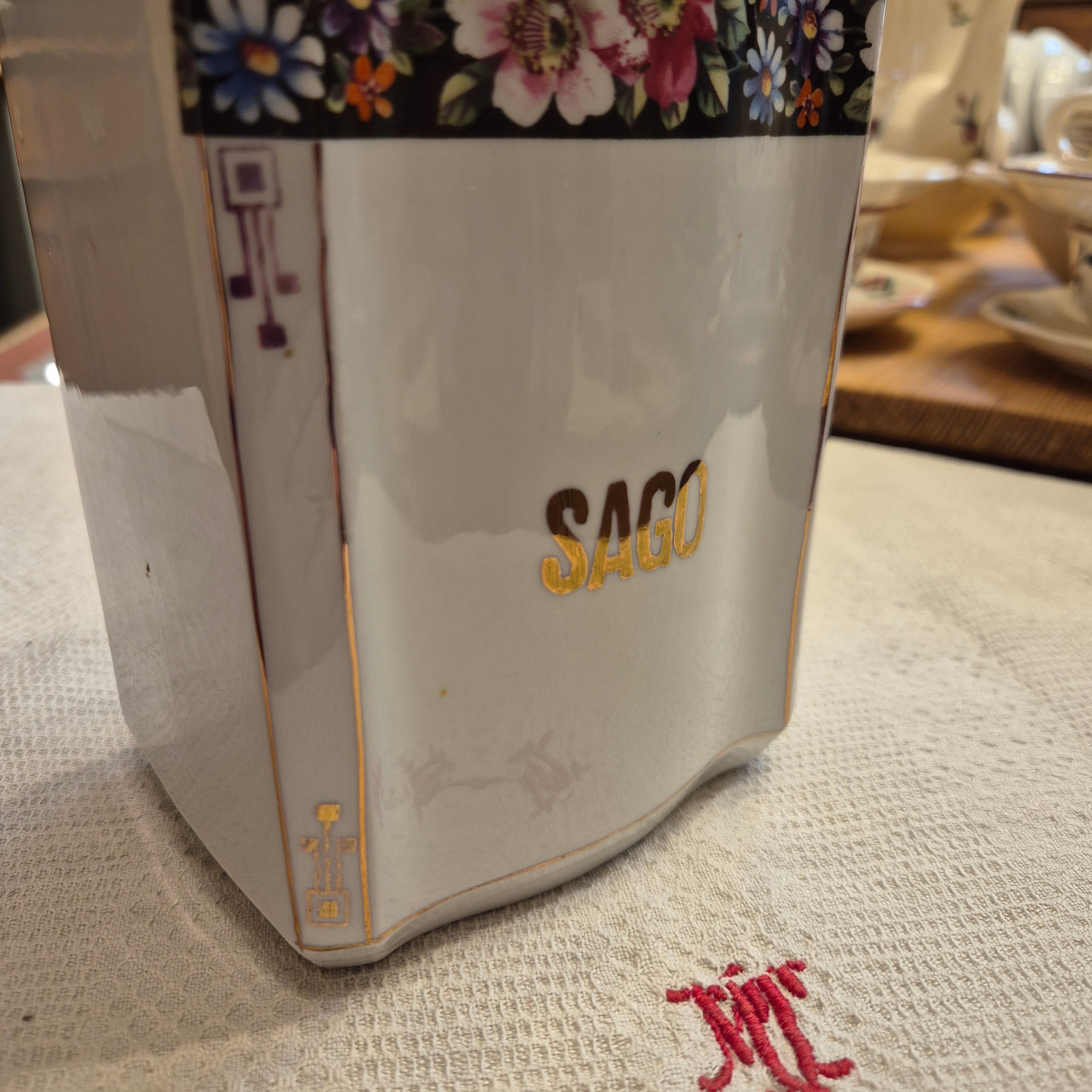 Antike Porzellan Vorratsdose Sago Art Deco um 1930 Blumen weiß