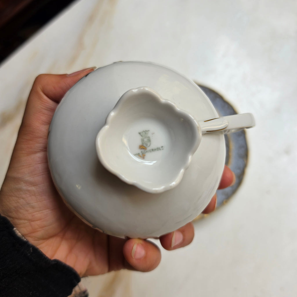Prachtvolles 3-teiliges Schierholz Plaue Porzellan-Gedeck – Gold-Staub auf Hellblau – Vintage