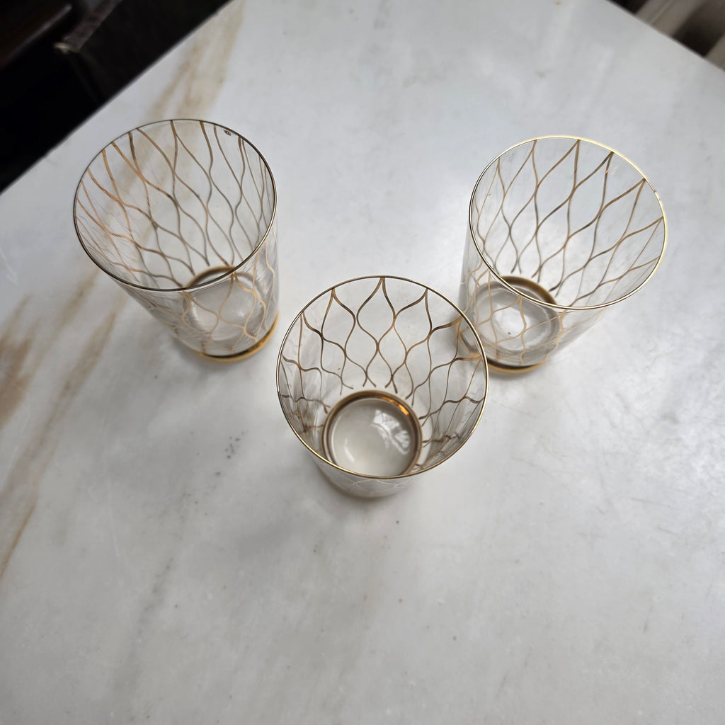 3x Vintage Mid-Century Wasser- & Longdrinkgläser mit Golddekor