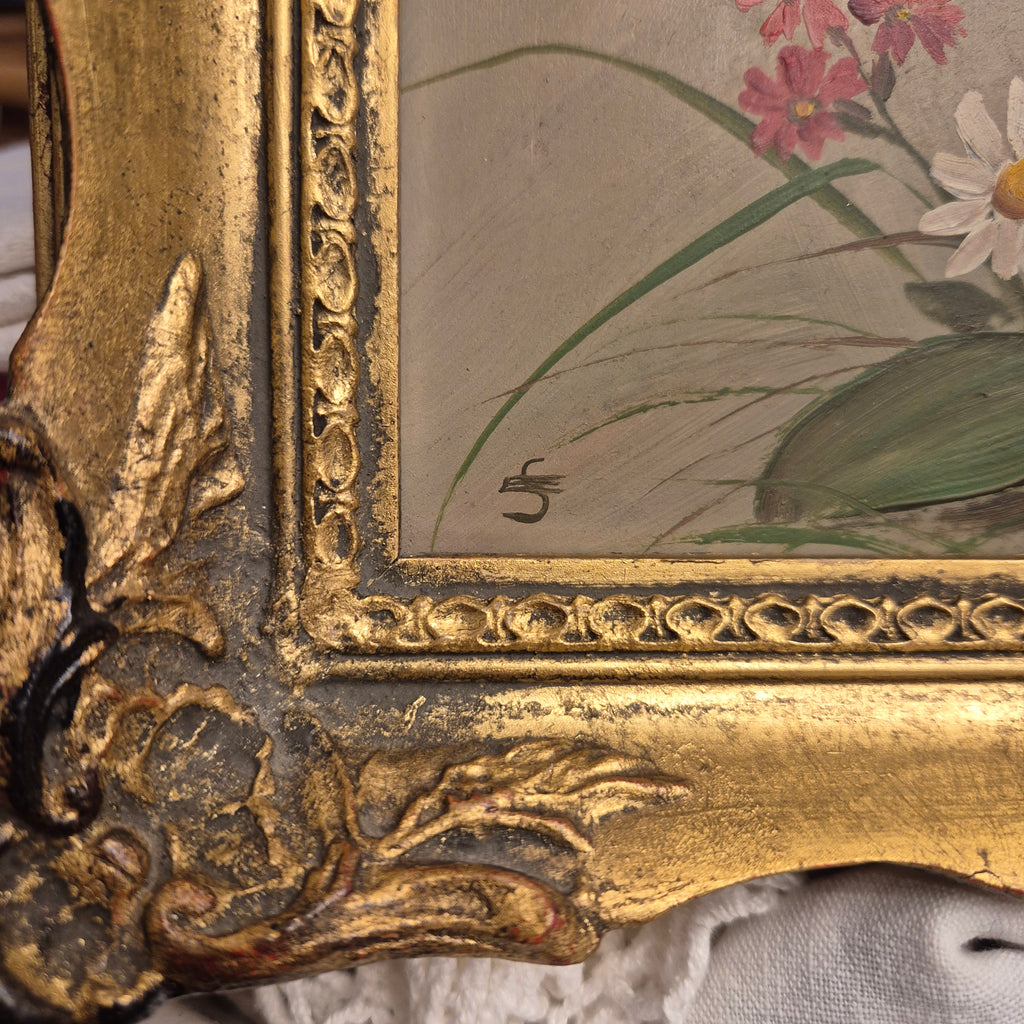 Altes gerahmtes Blumenbild blauer Enzian im Barock Stil Ölmalerei