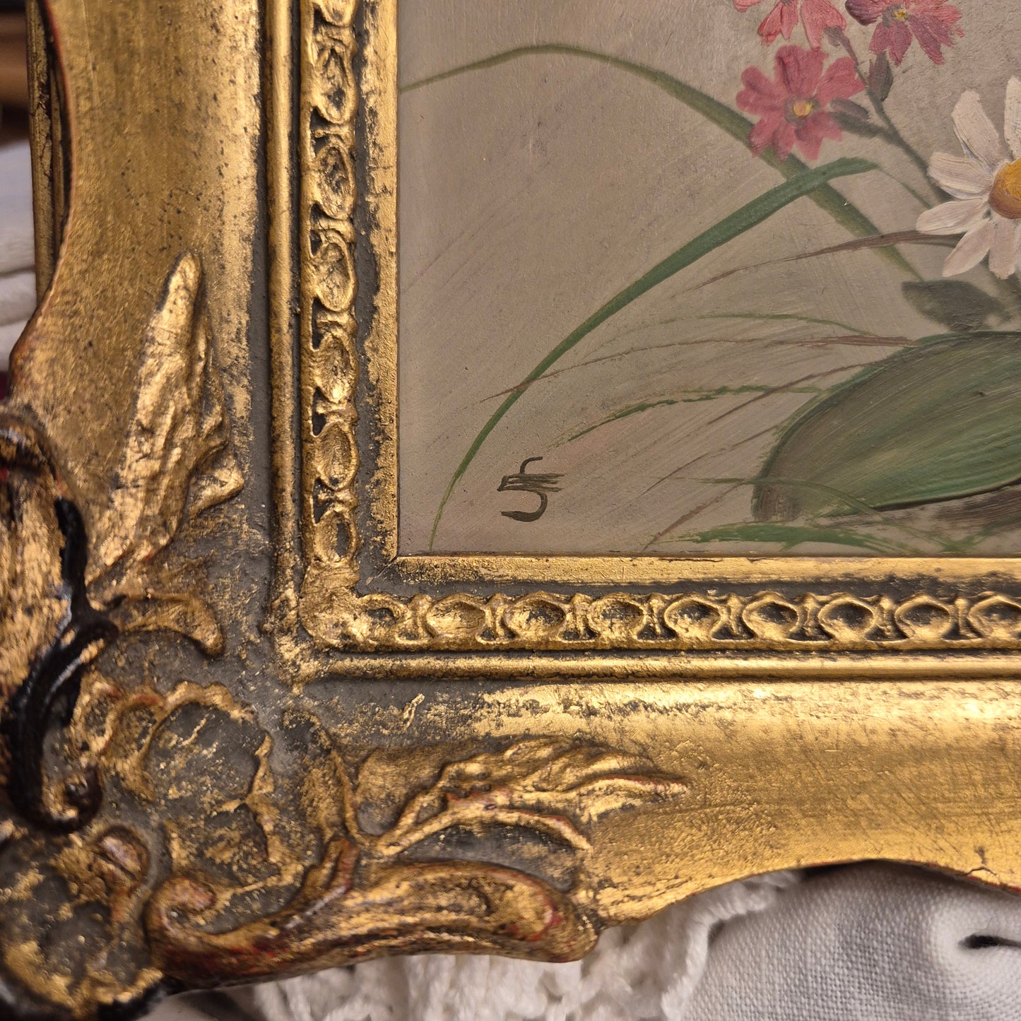 Altes gerahmtes Blumenbild blauer Enzian im Barock Stil Ölmalerei