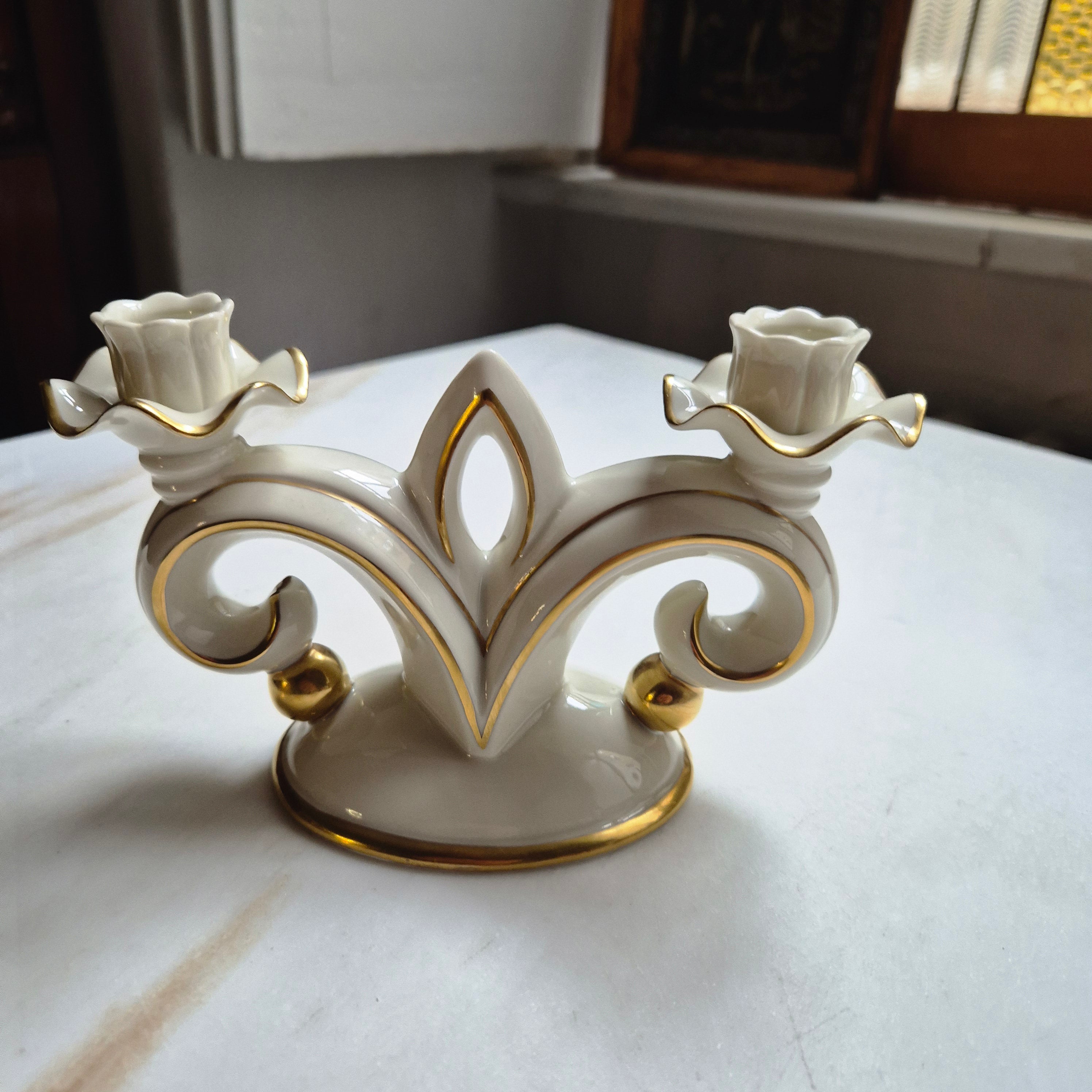 2-armiger Kerzenhalter Porzellan von Gerold & Co.Tettau Bavaria elfenbeinfarbend - gold