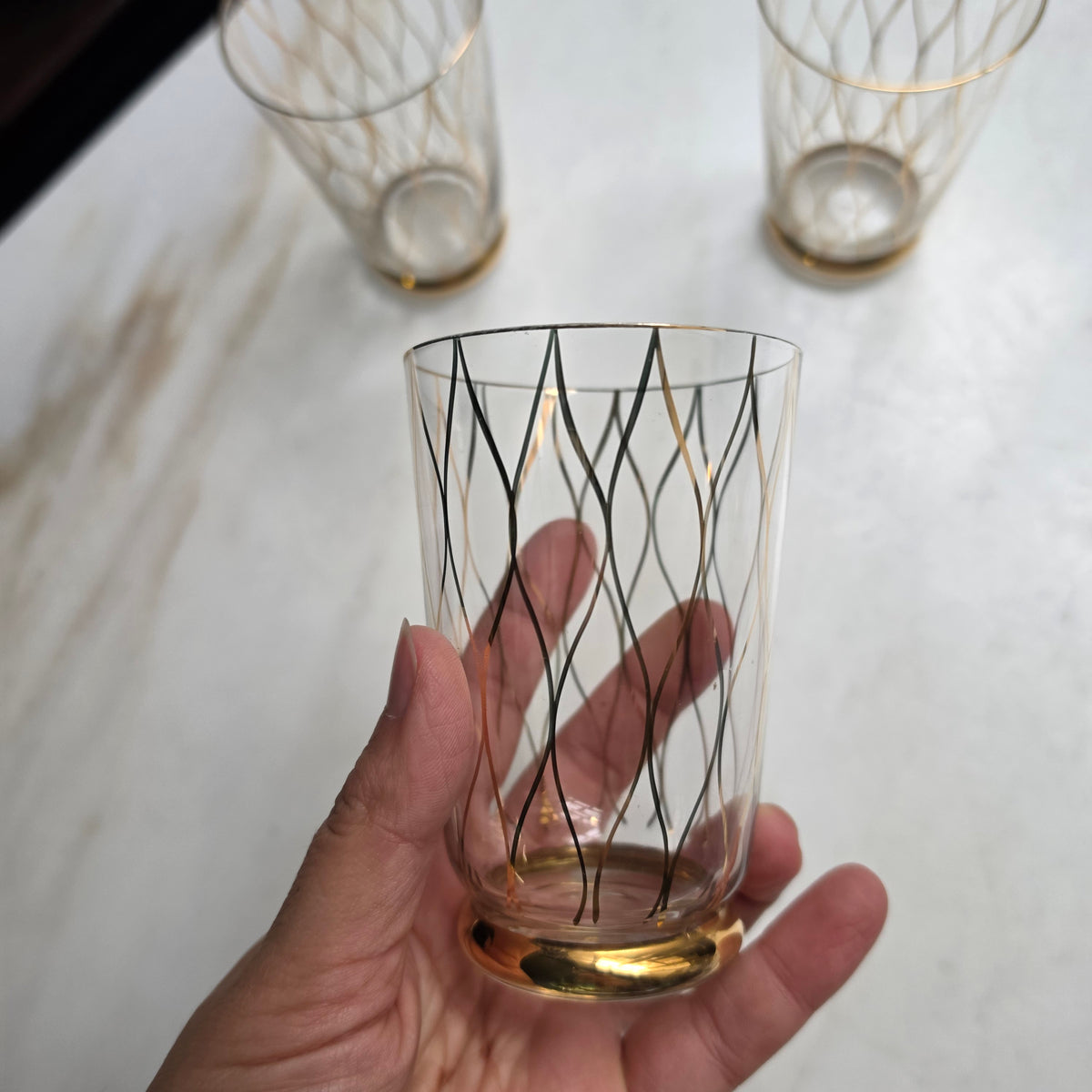 3x Vintage Mid-Century Wasser- & Longdrinkgläser mit Golddekor