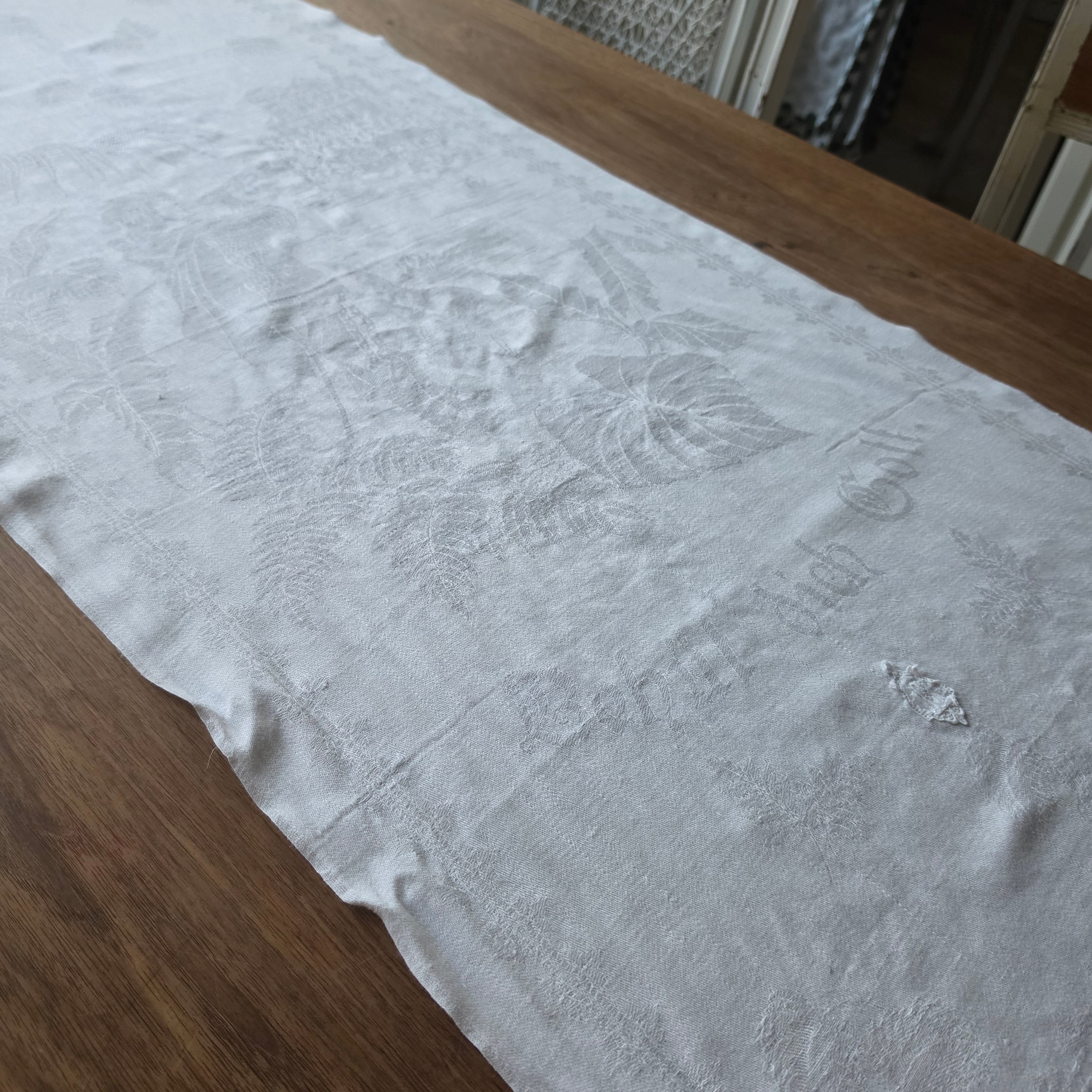 Antikes Jugendstil-Damast-Geschirrtuch - Handtuch – „Behüt dich Gott“ & Jägermotiv - 110 x 48cm