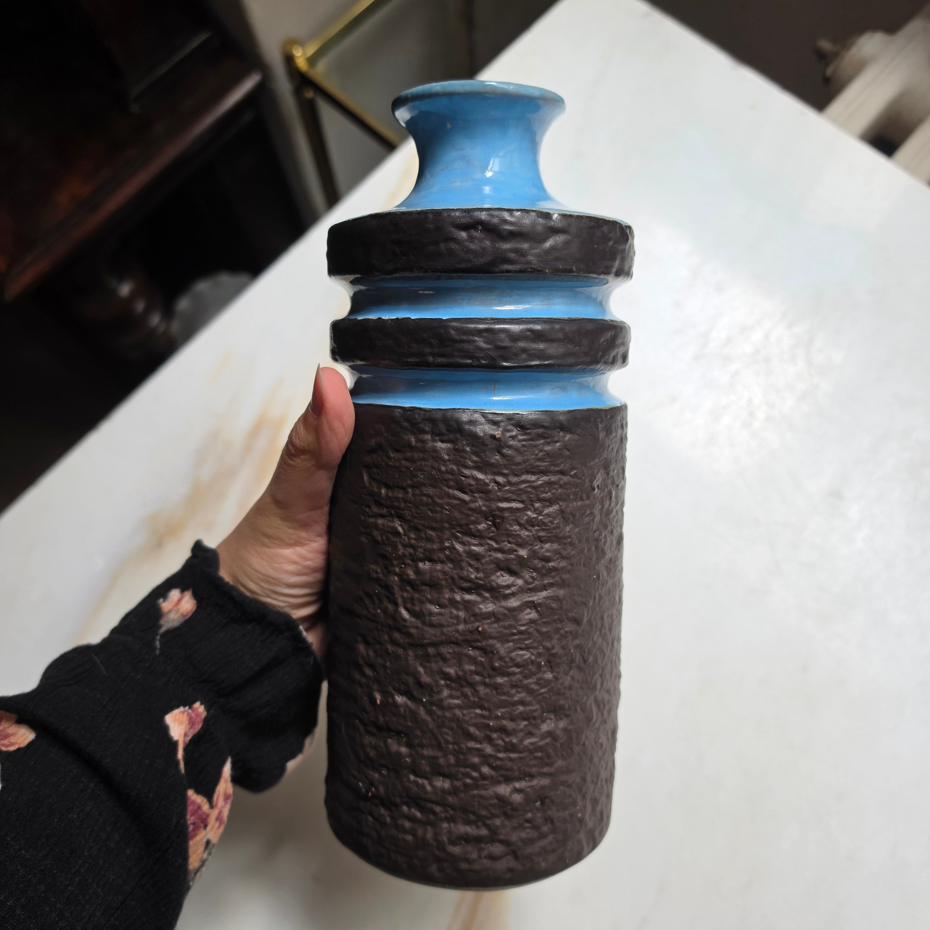 Retro Vase blau schwarz 70er Jahre Vintage Keramik alt und einzigartig