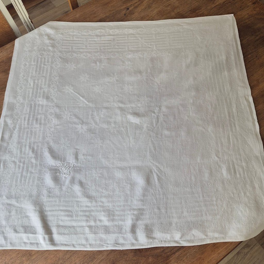 Antike Jugendstil Serviette/Mitteldecke weiß 69x63cm Damast Monogram M.B.