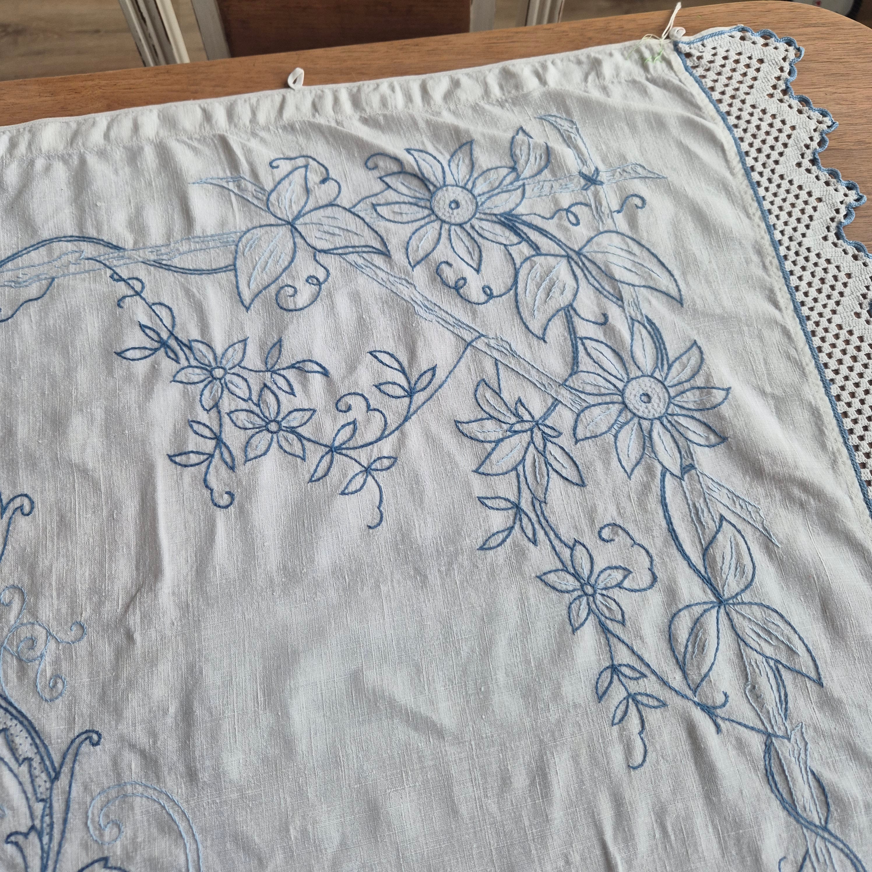 Antikes Überhandtuch Gardine blau weiß handmade 80x109cm Mini Stockflecken und Monogram M.S.