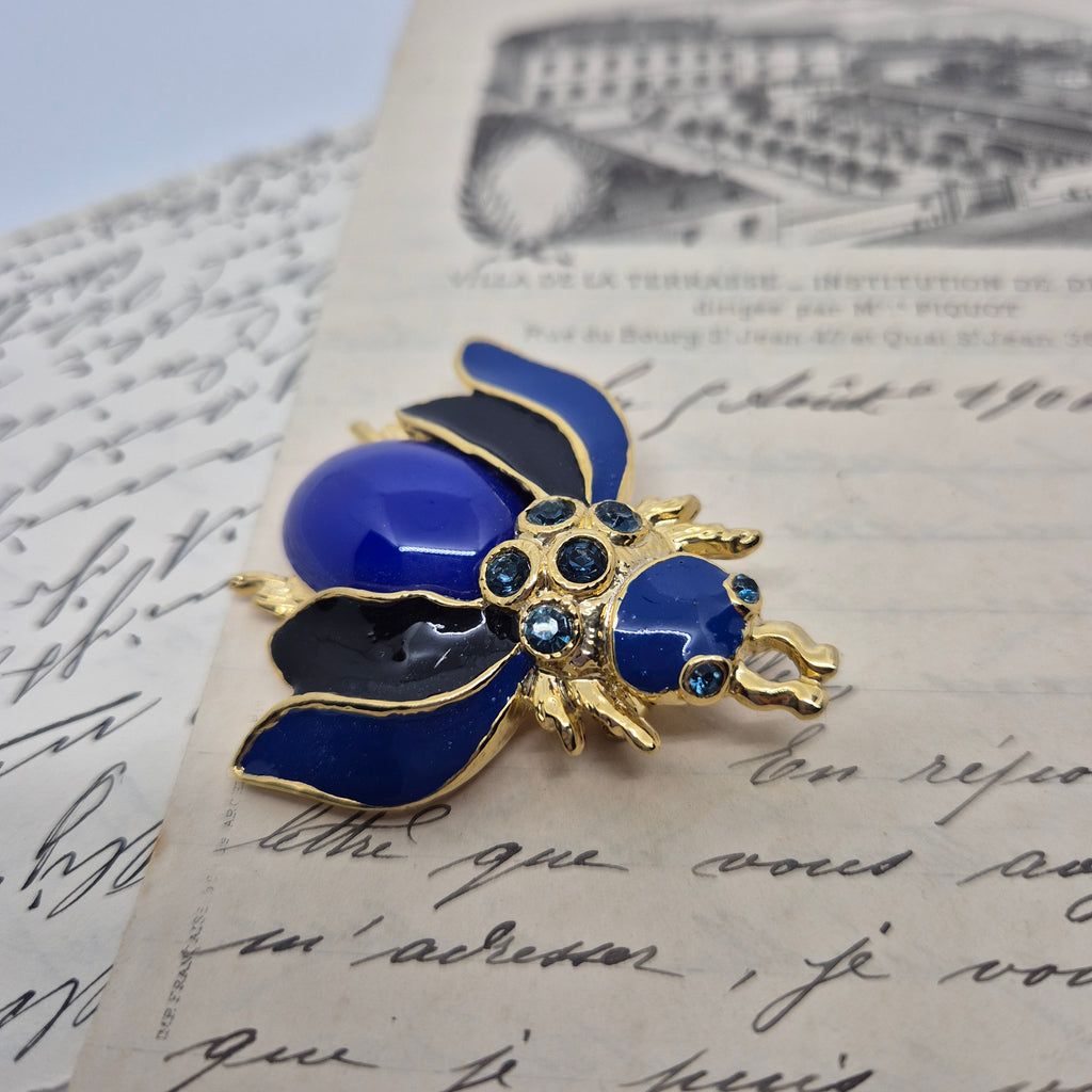 50er Jahre Vintage Brosche großer Käfer Biene Blau Gold Strass 5cm