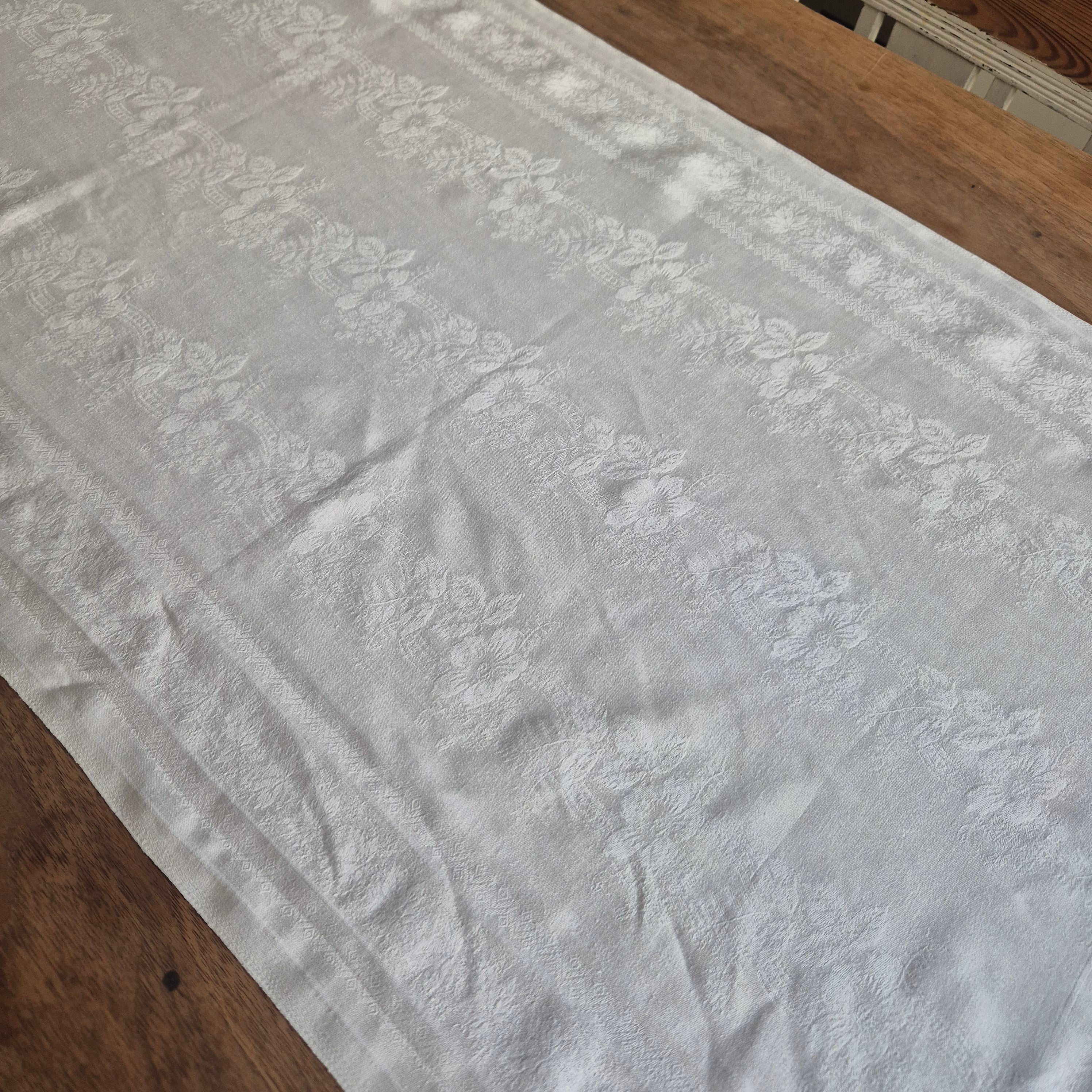 Antikes Baumwolle Damast Tischtuch - Läufer - Weiß - 57x166cm - Initialen "Dora Volker"