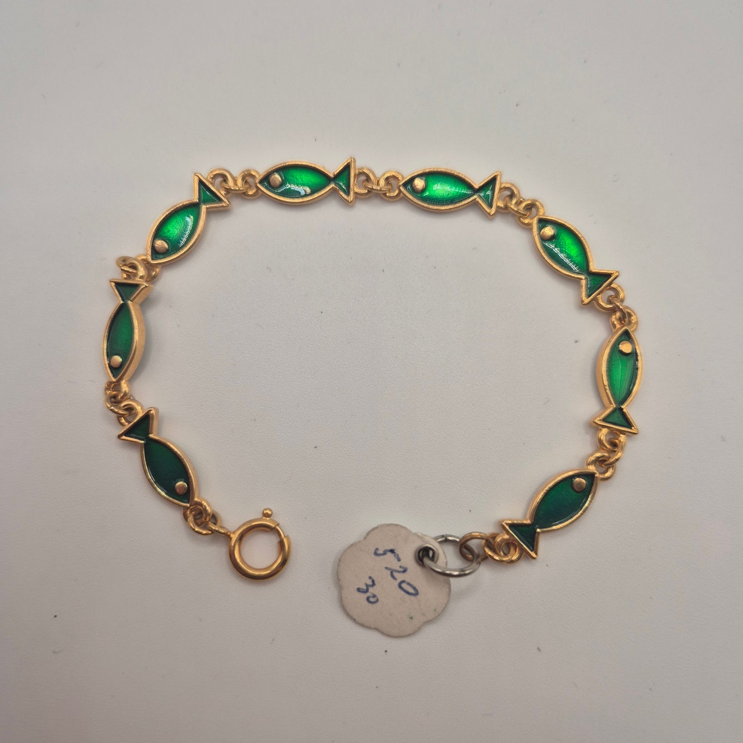 Goldenes Vintage Armband mit grünen Emaille-Fischen 70er Jahre