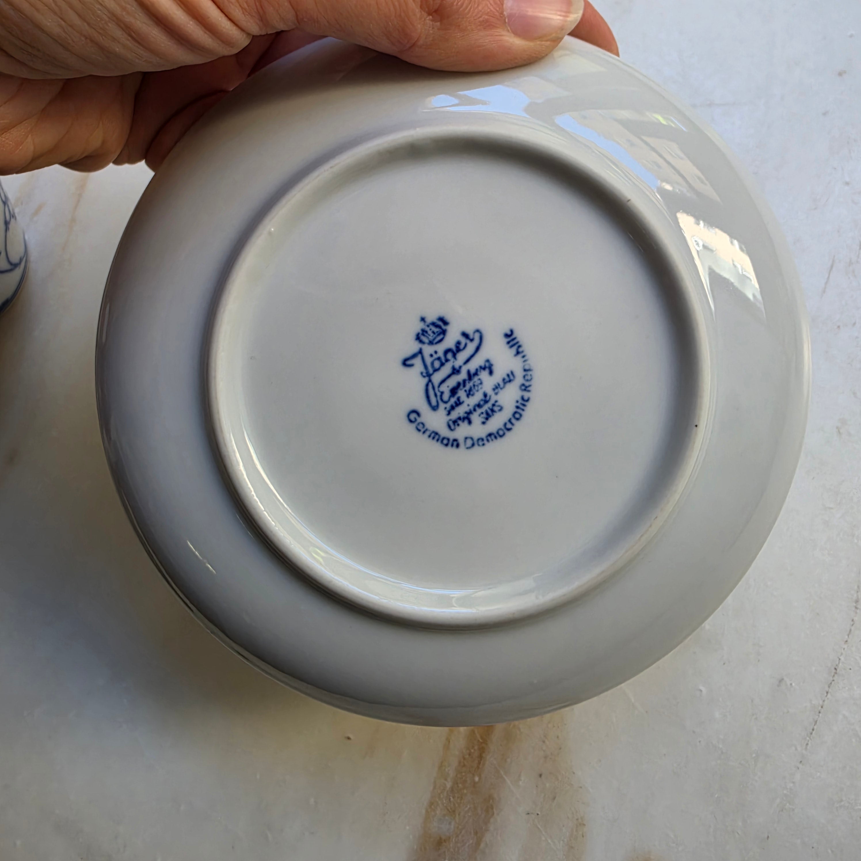 Vintage Jager Eisenberg 'Blau Saks' Kaffeetassen Tee Tasse Untertasse Set Strohblume