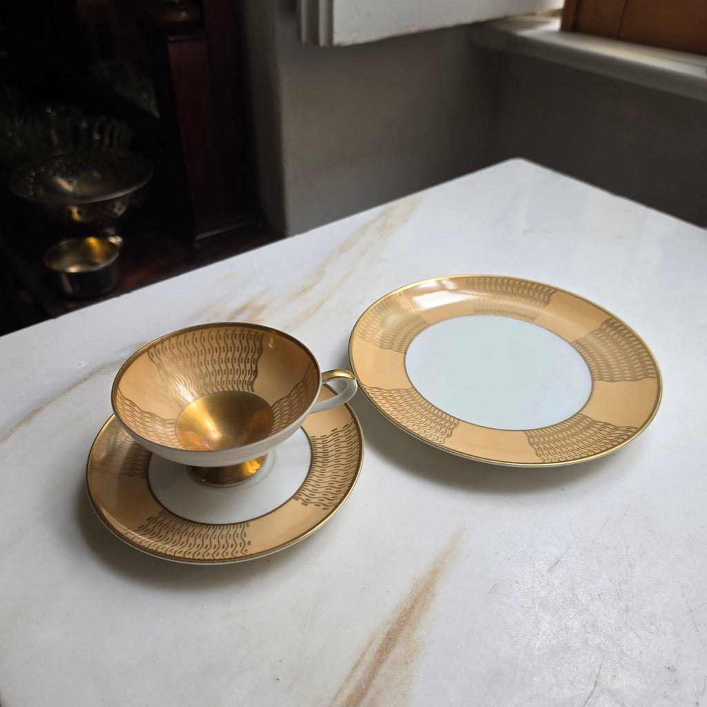 Elegantes Vintage Bavaria Porzellan Kaffeeset - Gold-Beige mit Wellenmuster - 3-teilig