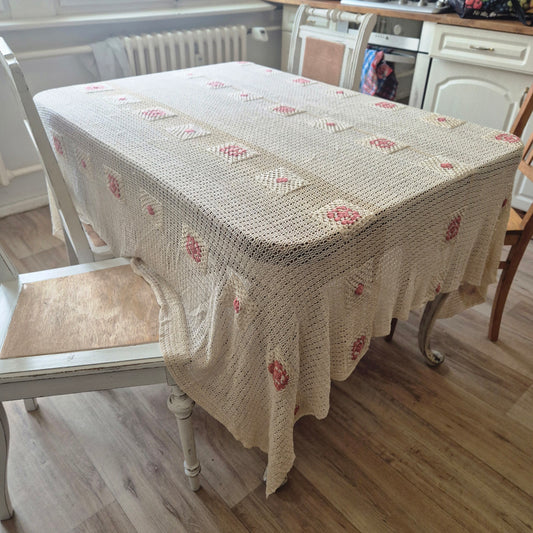 Vintage Häkel Tischdecke Creme beige 140x200cm