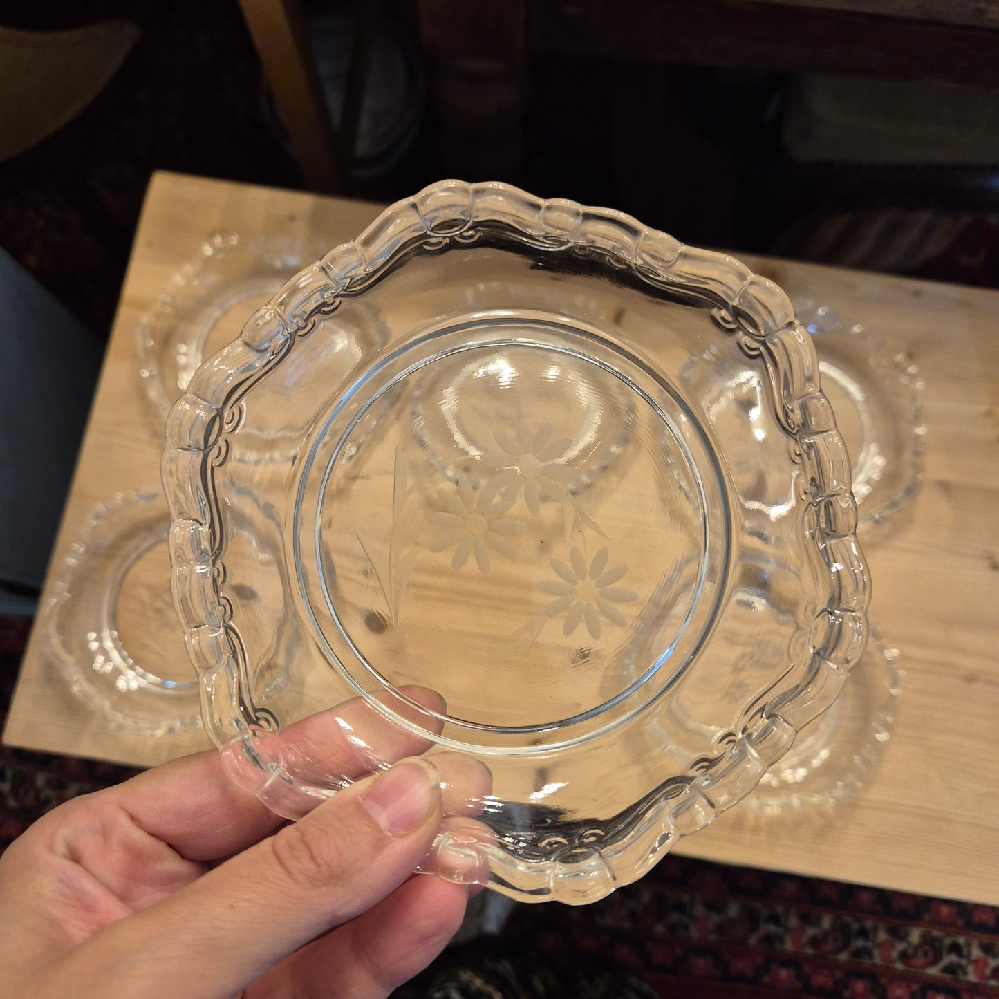 6x Vintage Glas oder Bleikristall Schalen Kuchen Teller mit Blumenmuster