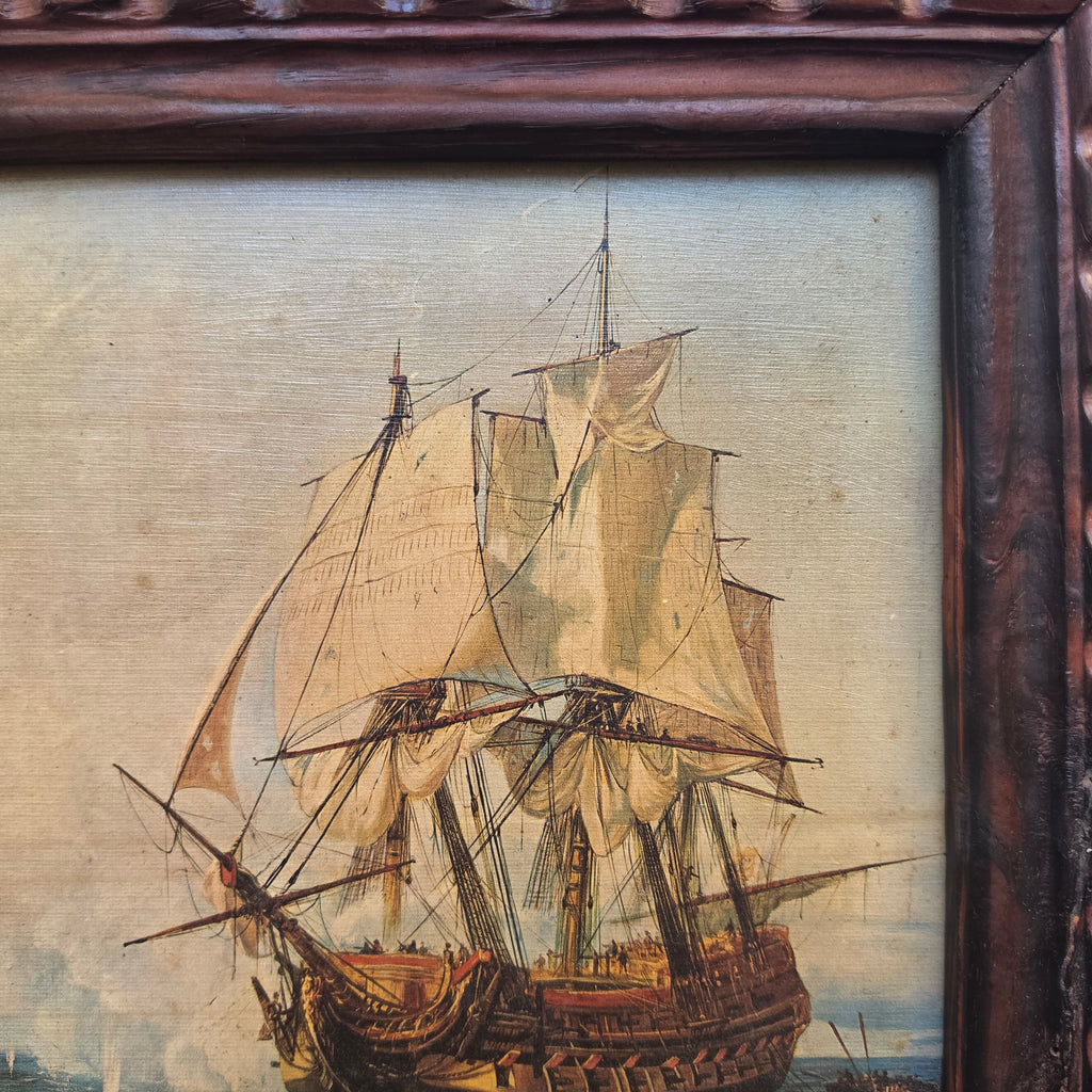 Vintage Maritimes Bild im Holzrahmen – Historische Seeschlacht mit Segelschiffen („Made in Spain“)