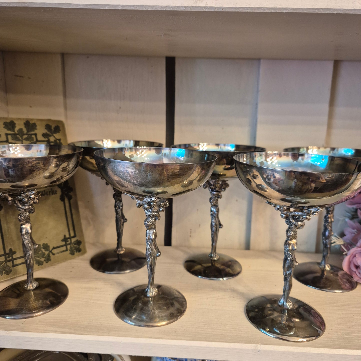 6x Dekorative Jugendstil Champagner Metallkelche versilbert - zum aufpolieren! "Eva mit Apfelbaum"
