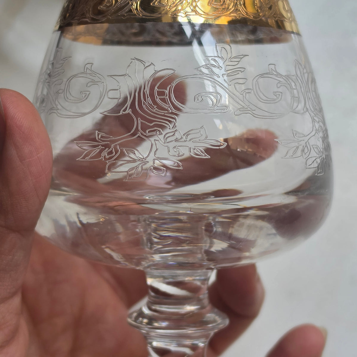 Vintage Cognacgläser / Schwenker mit Ätzdekor & Goldrand