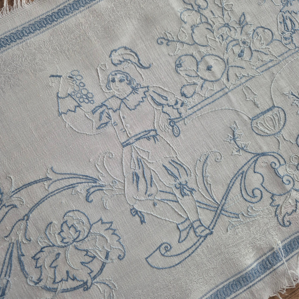 Antiker Baumwolle Tischläufer handbestickt mit mini Fleck! 32x170cm blau weiß
