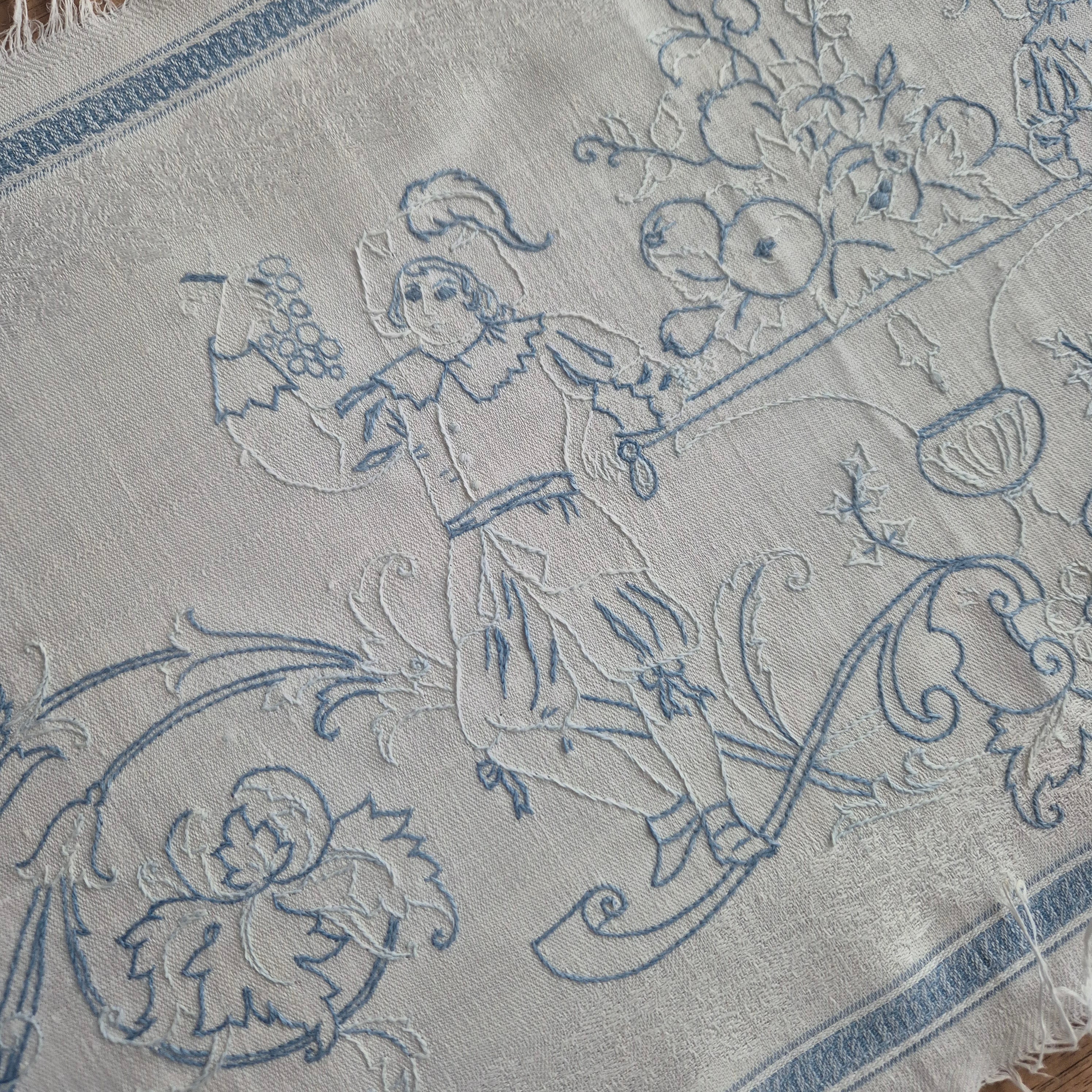 Antiker Baumwolle Tischläufer handbestickt mit mini Fleck! 32x170cm blau weiß