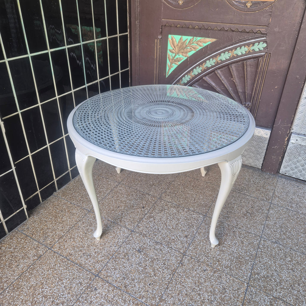 Vintage Chippendale Tisch rund mit Glasplatte - Beige - Wiener geflecht