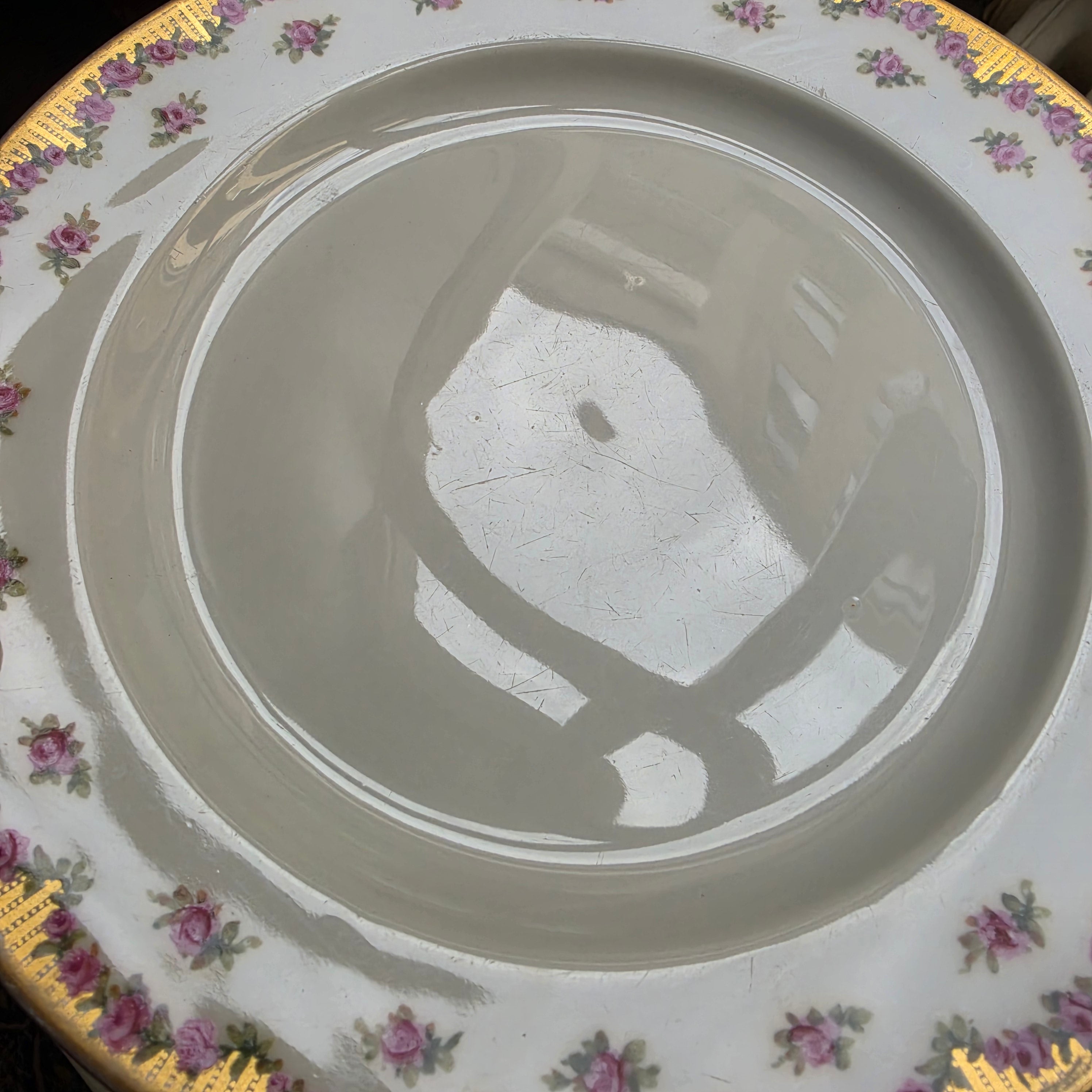 Antiker Porzellan Teller flach mit Blumendekor und Goldrand handbemalt F.A Schuhmann Leipziger Strasse Berlin