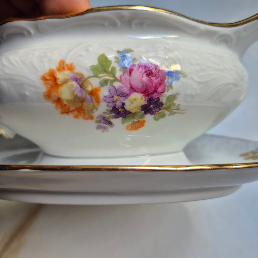 Antike Saucen Sauciere Schüssel Blumenmalerei Porzellan Goldrand Bavaria Schumann Arzberg