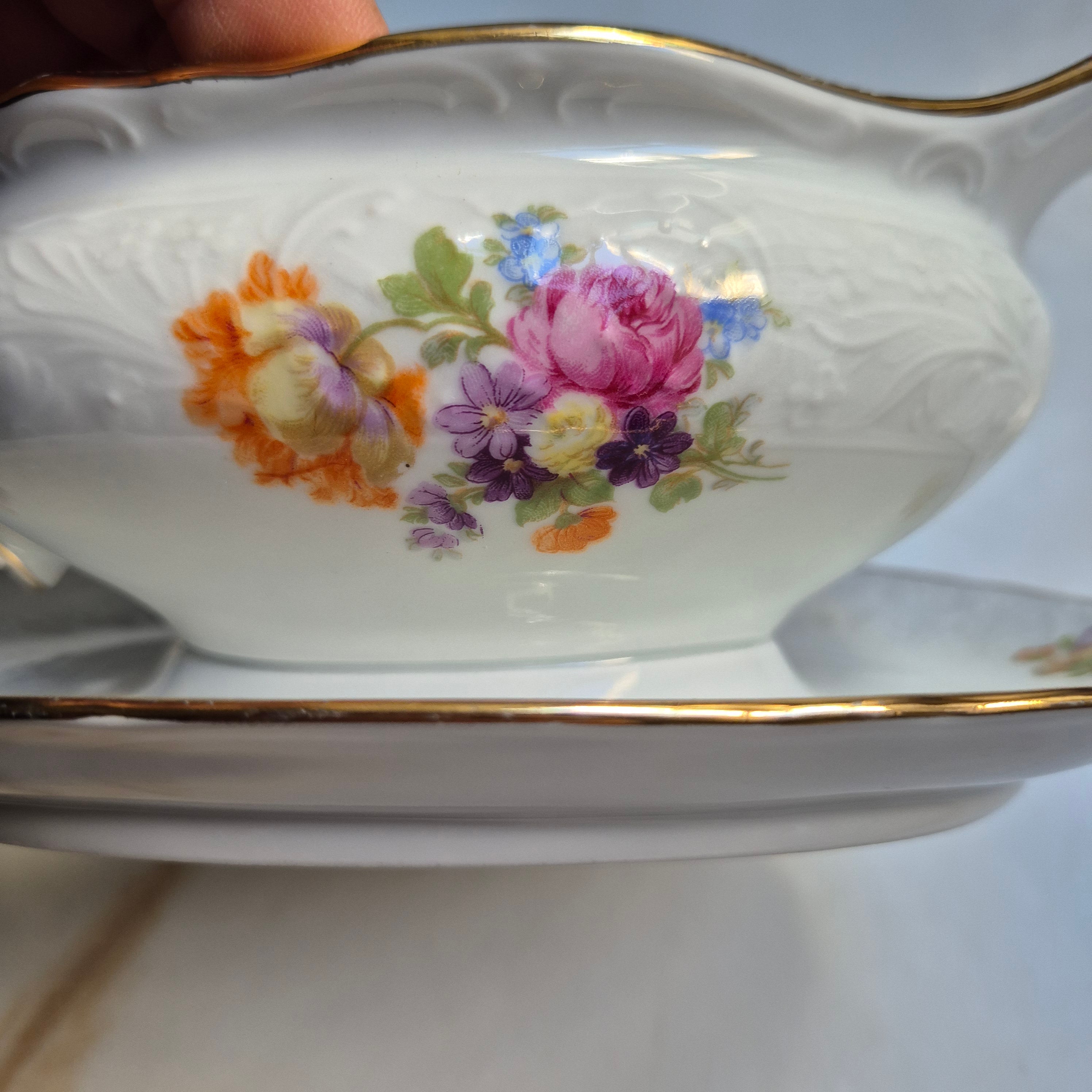 Antike Saucen Sauciere Schüssel Blumenmalerei Porzellan Goldrand Bavaria Schumann Arzberg