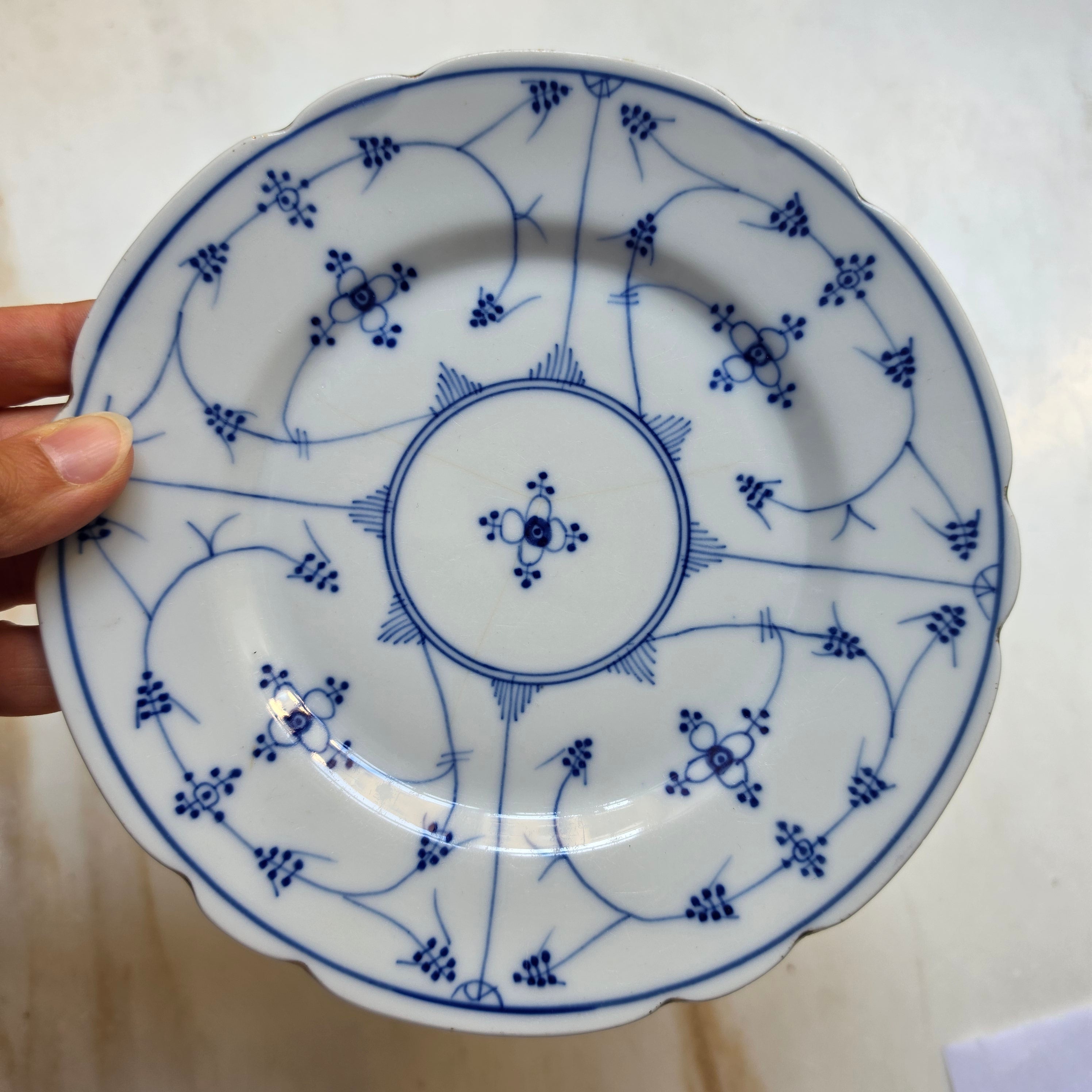 Antiker Porzellanteller mit blau-weißem Strohblumenmuster / Musselmalet – Unterglasurdekor