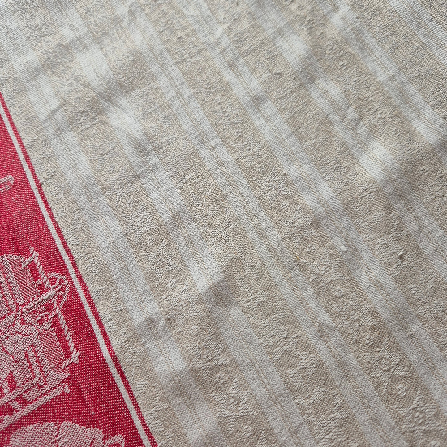Antikes Rolltuch Mangeltuch Rot Creme Leinentuch Tischdecke Wäsche mit Monogramm 🤍