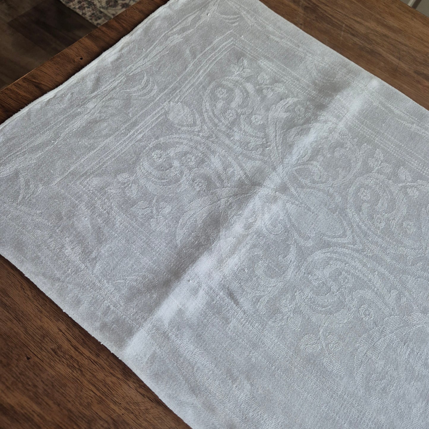 Antikes Jugendstil Küchen-&Geschirrtuch weiß Damast Baumwolle 108x47cm Ornamente