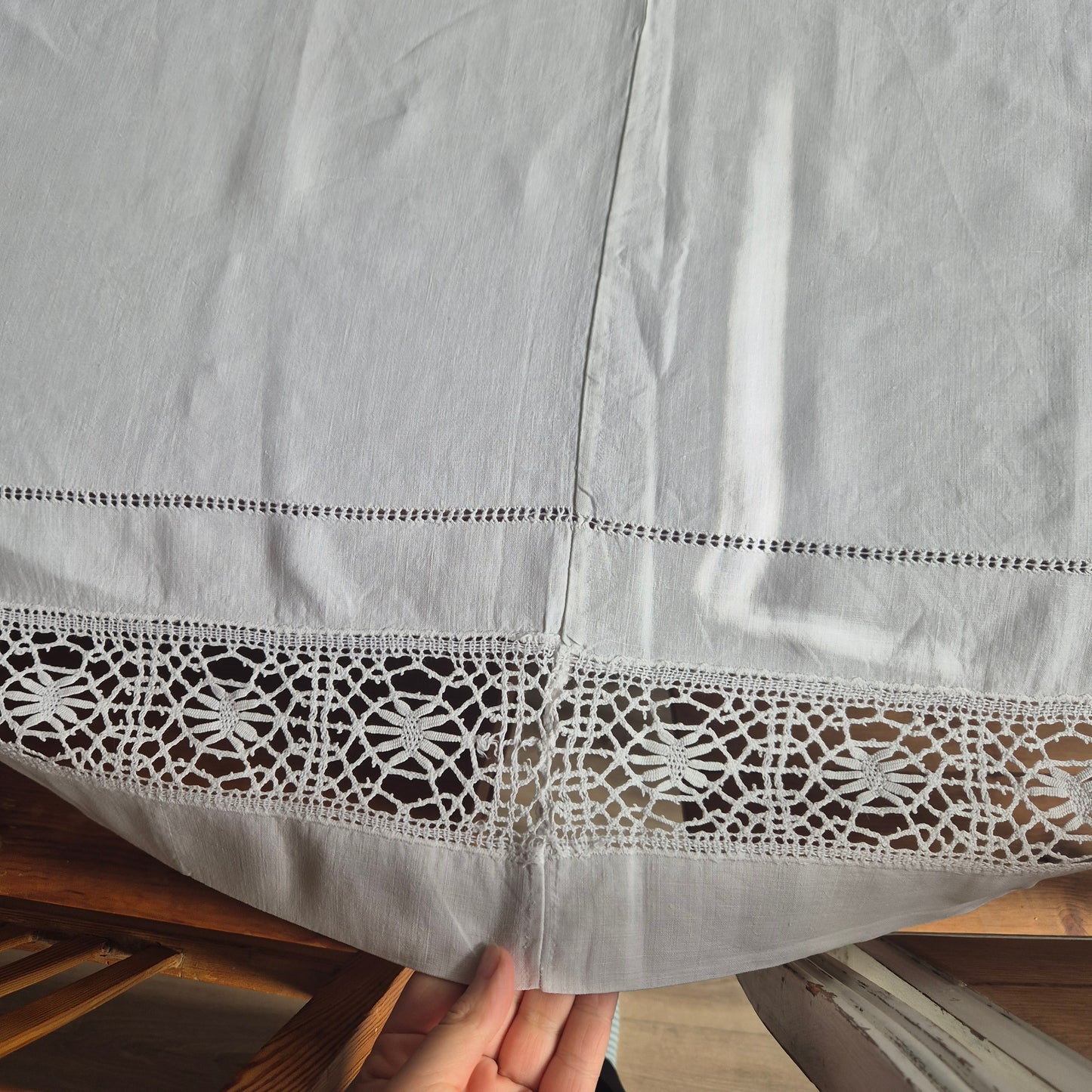 Antike Tischwäsche Leinen/Baumwolle Spitze weiß 120x140cm Tafel Königlich wunderschön! Monogramm M.O. ein Fleck 🤍