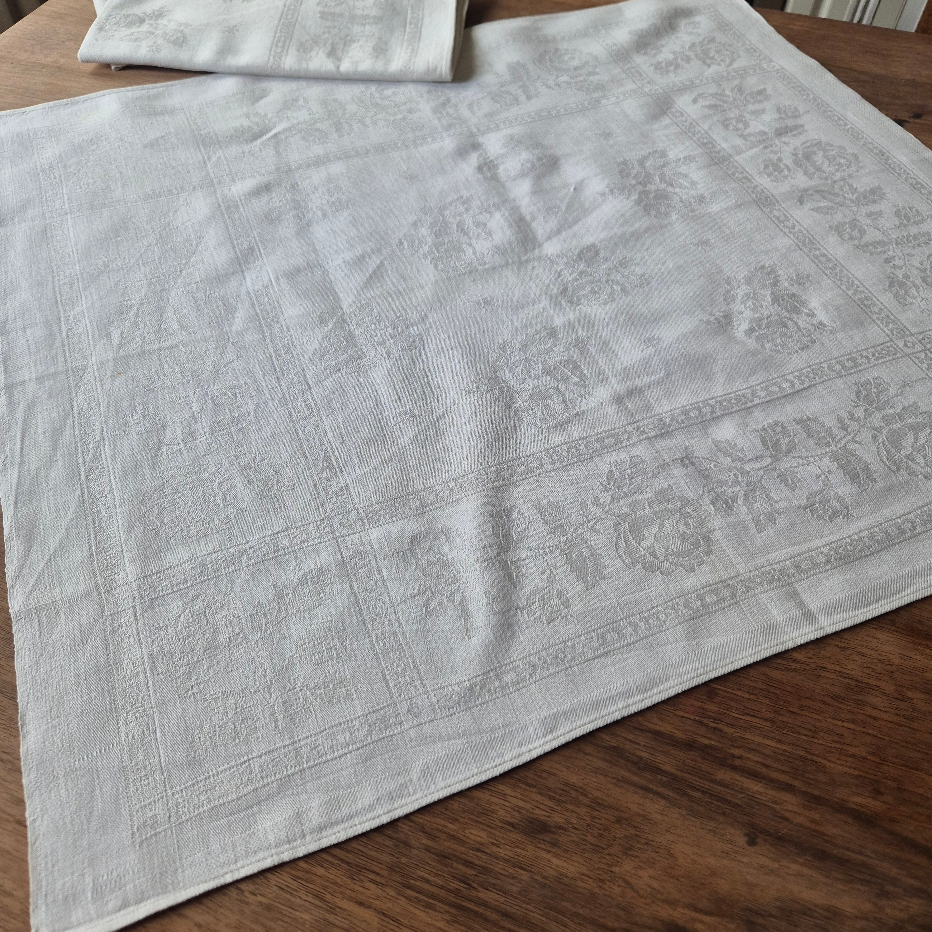 3x Antike Jugendstil Servietten/ Mitteldecken mit Rosenmuster 60x60cm