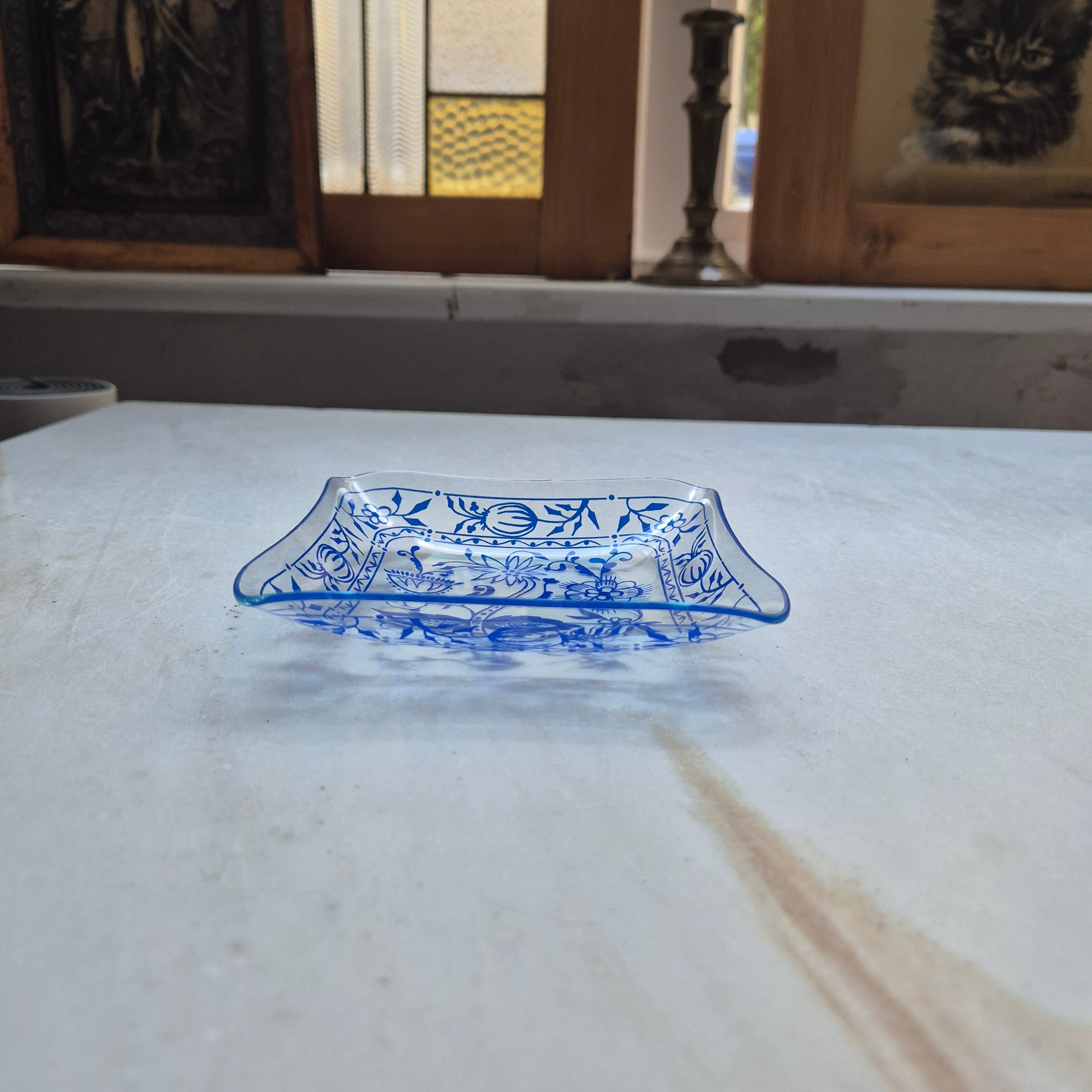 Wunderschöne Zwiebelmuster Retro Schale Ringschale Schmuckschale Vintage blau Glas