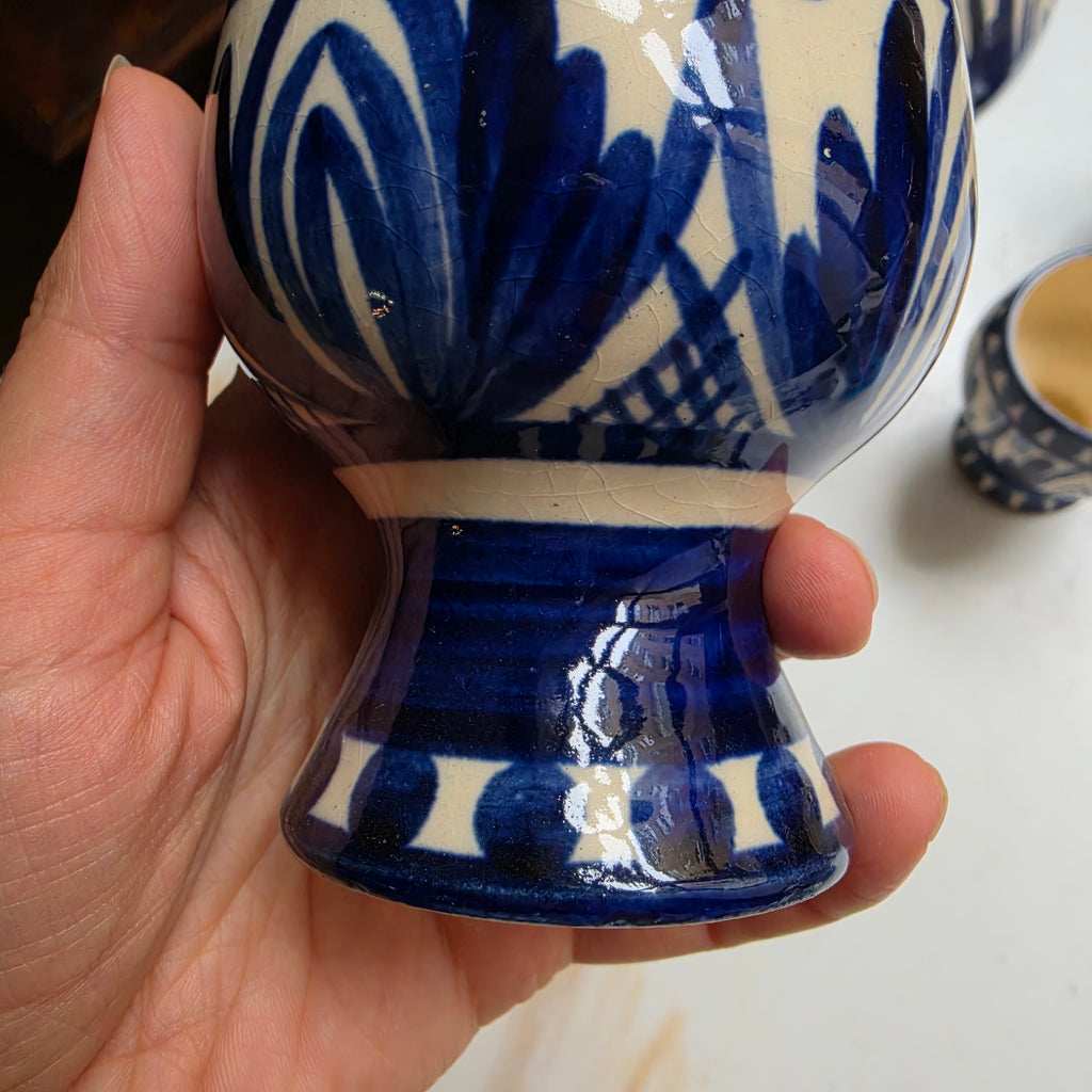 Vintage Keramik Wasser-Set - Saft-Set - Krug mit 4 Kelchen - Bechern - Blau-Weiß Handgemalt