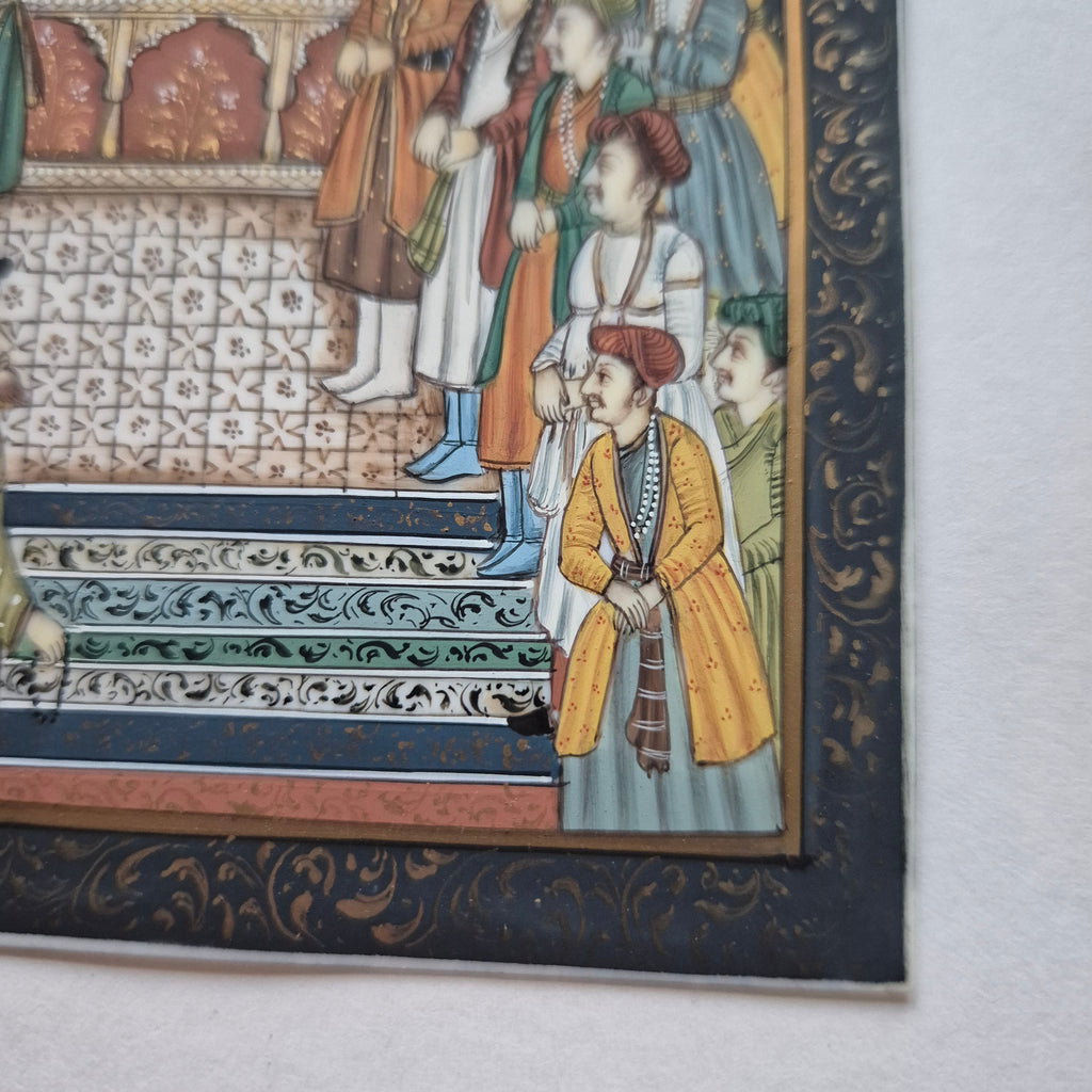 Antike Mogul Miniatur Gemälde Handarbeit König Shamjahan Taj Mahal Gericht Szene