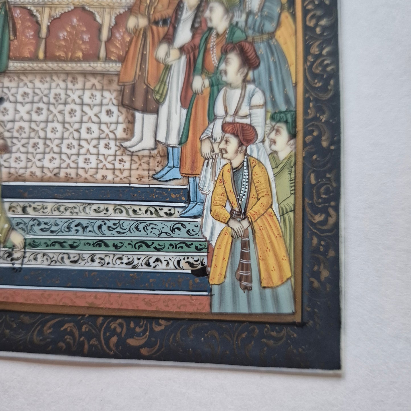 Antike Mogul Miniatur Gemälde Handarbeit König Shamjahan Taj Mahal Gericht Szene