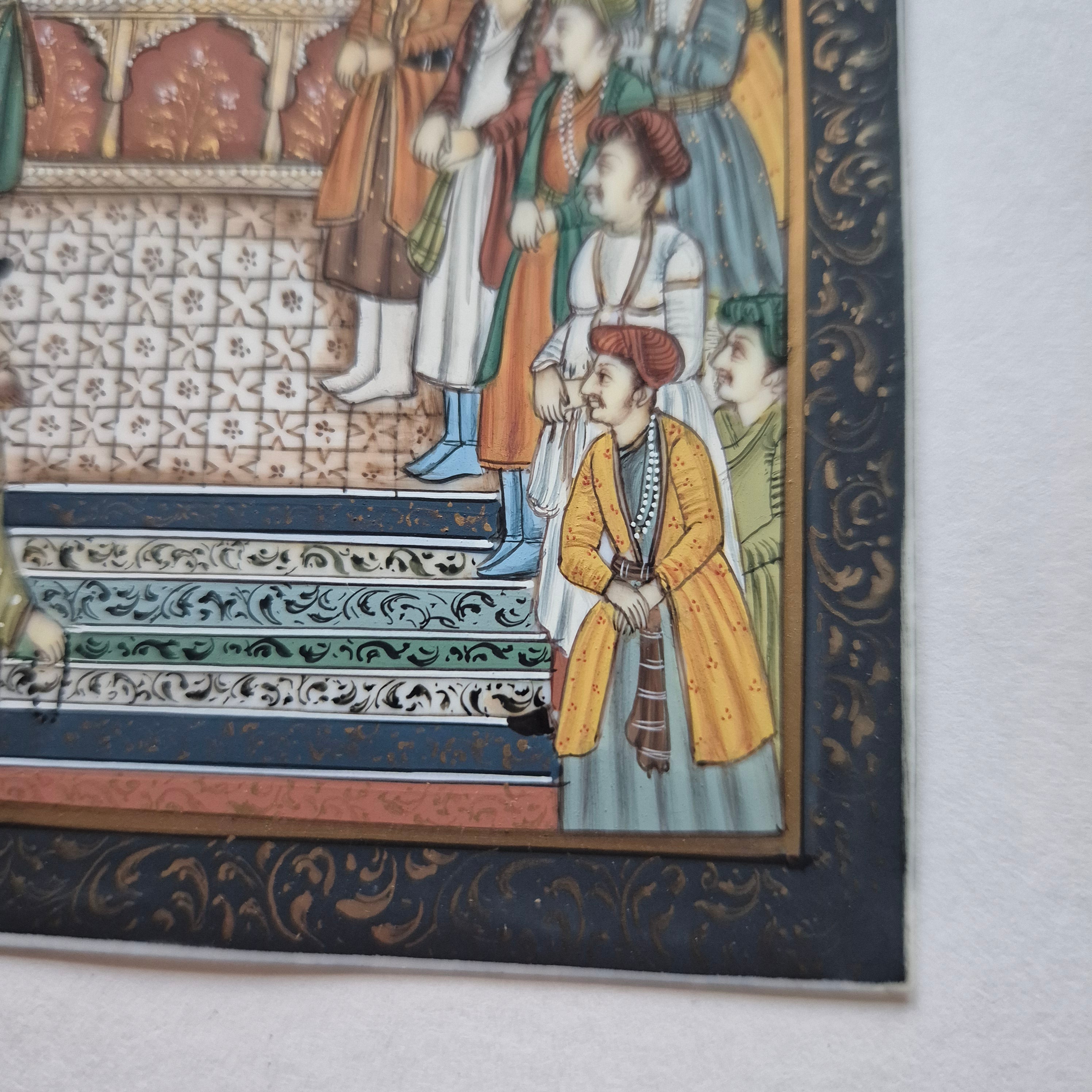 Antike Mogul Miniatur Gemälde Handarbeit König Shamjahan Taj Mahal Gericht Szene